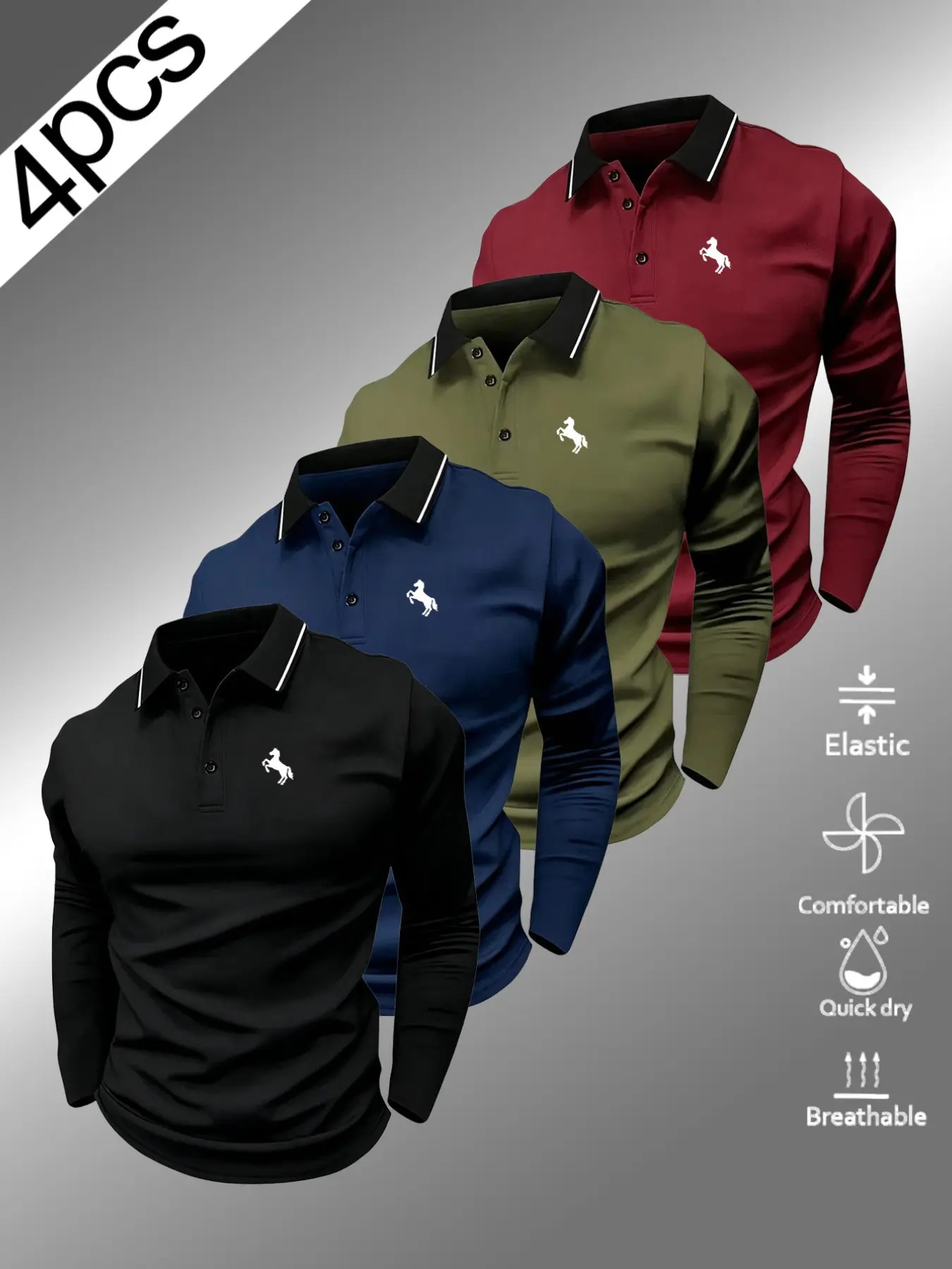 Men's Golf Long Sleeve Polo Shirt, S89 Model, Horse Pattern Print, Fitted Collar, Elastic, Breathable, All-Season Comfort, High-Quality Top
