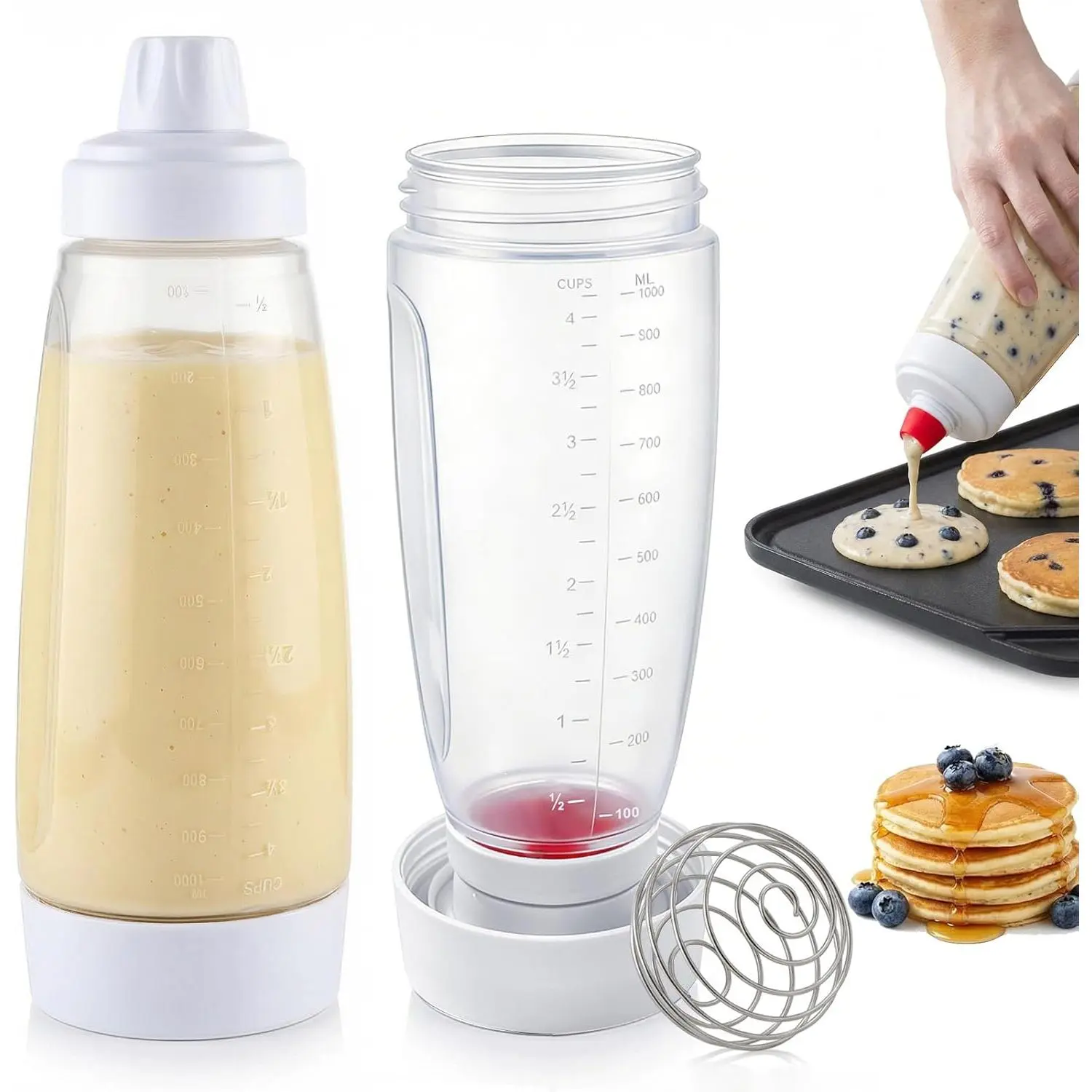 2 Pack Pancake Batter Dispenser & Mixer Bottle with Wire Whisk Ball - BPA-Free Kitchen Utensils, Heat-Resistant Silicone Tip Squeeze Tool for Waffles, Cupcakes - Compatible with Blackstone Griddle