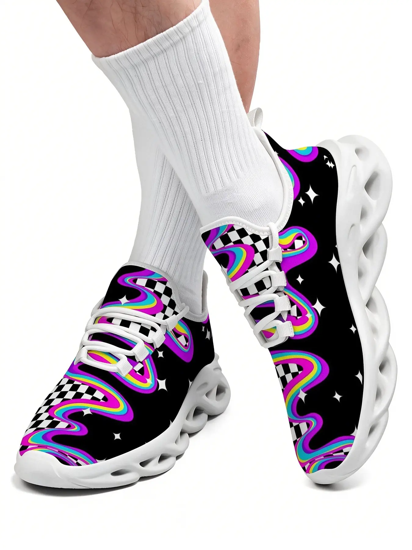 Neon Rainbow Swirl Checkerboard Print Blade Chunky Sneakers For Men Women Comfortable Absorbing Hollow Wave Sole Non Slip Casual Walking Sneakers Street Style Versatile For Daily Outings Low Top Sneakers