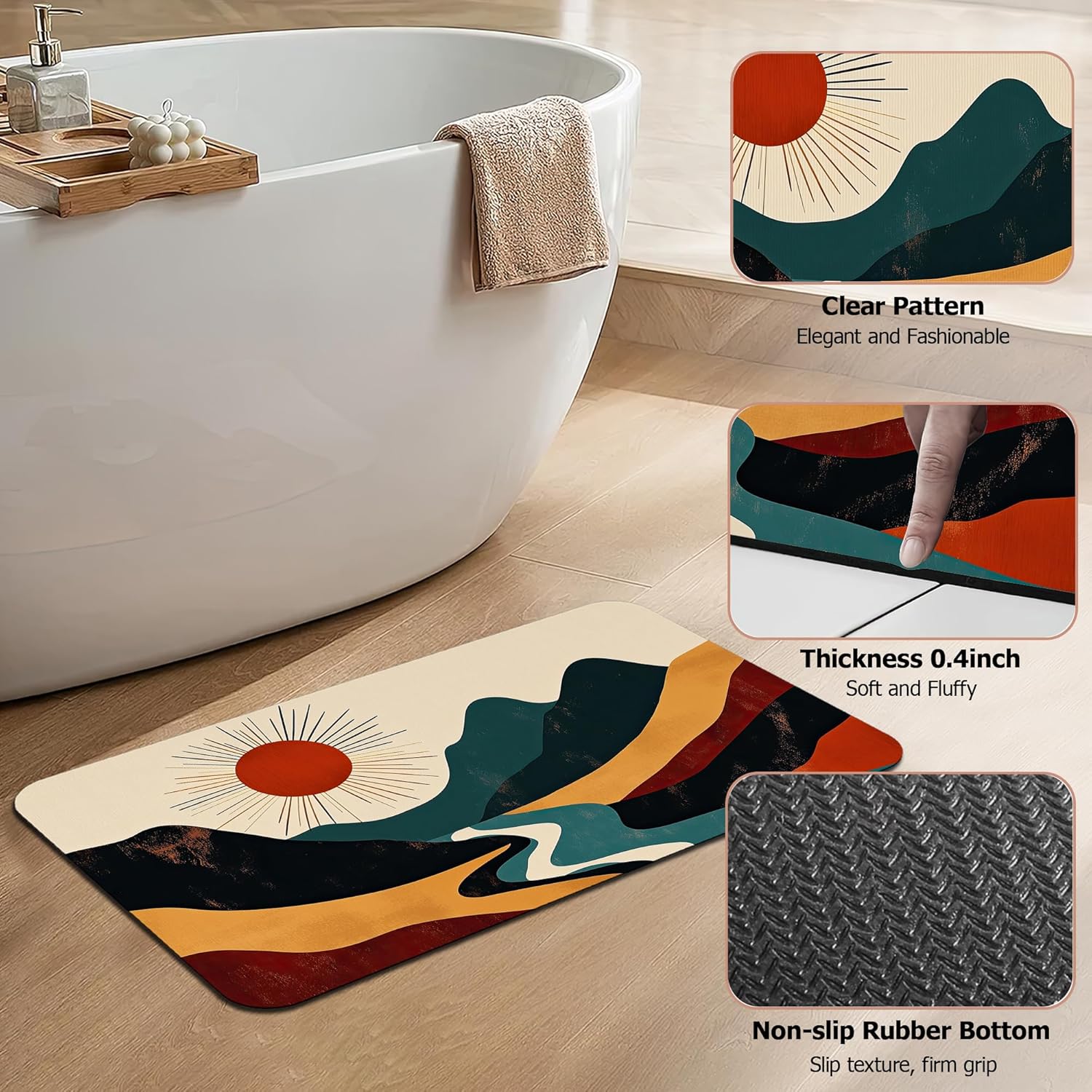 Abstract Landscape Bathroom Rug, Boho Sun Bath Mat, Modern Mountain River Floor Mat for Bathroom, Shower, Tub or Vanity Decor