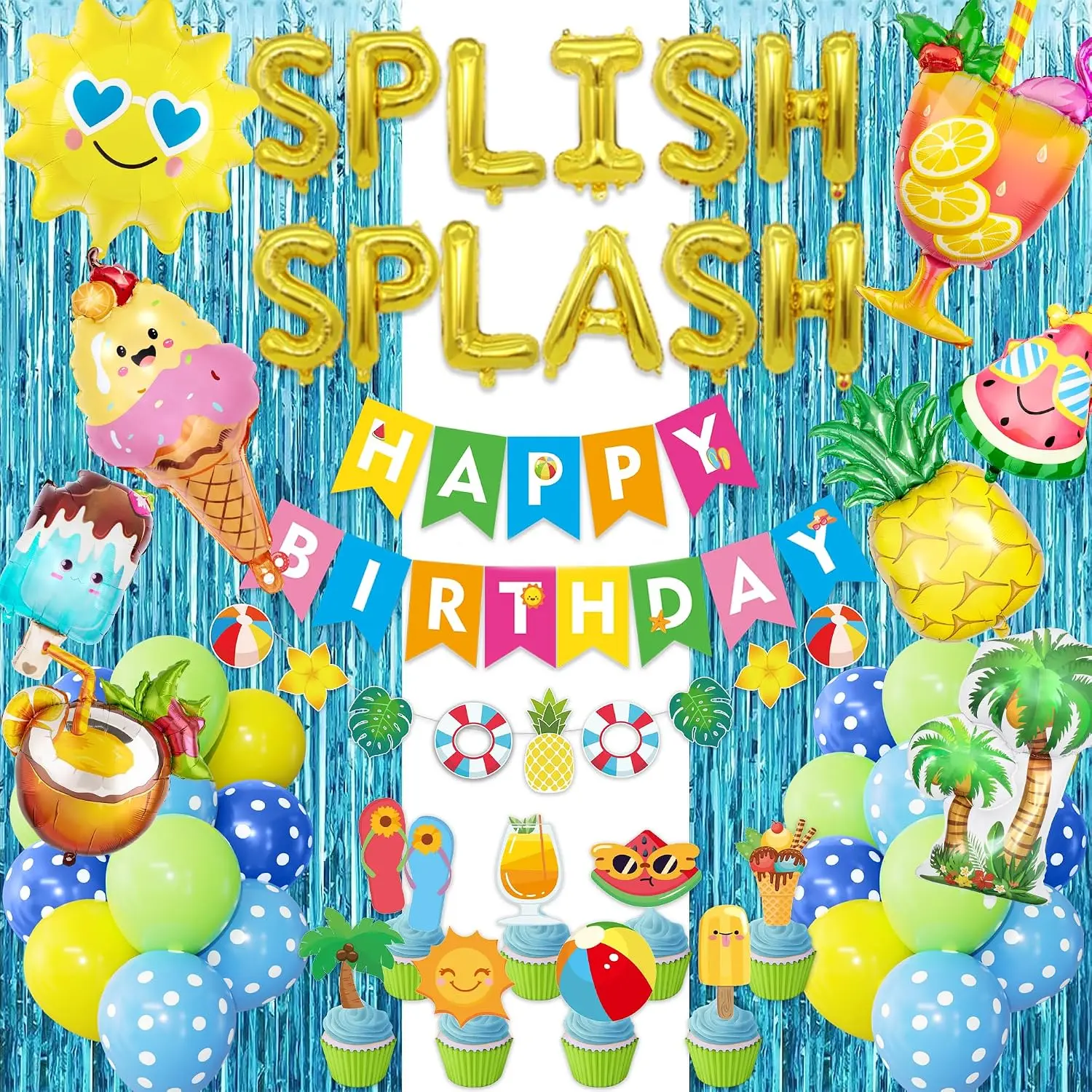 Summer Pool Beach Party Decoration, Splish Splash Birthday Bash Party Decorations Tropical Balloons Banner Cake Topper for Kids Swimming Water Luau Hawaii Party Supplies