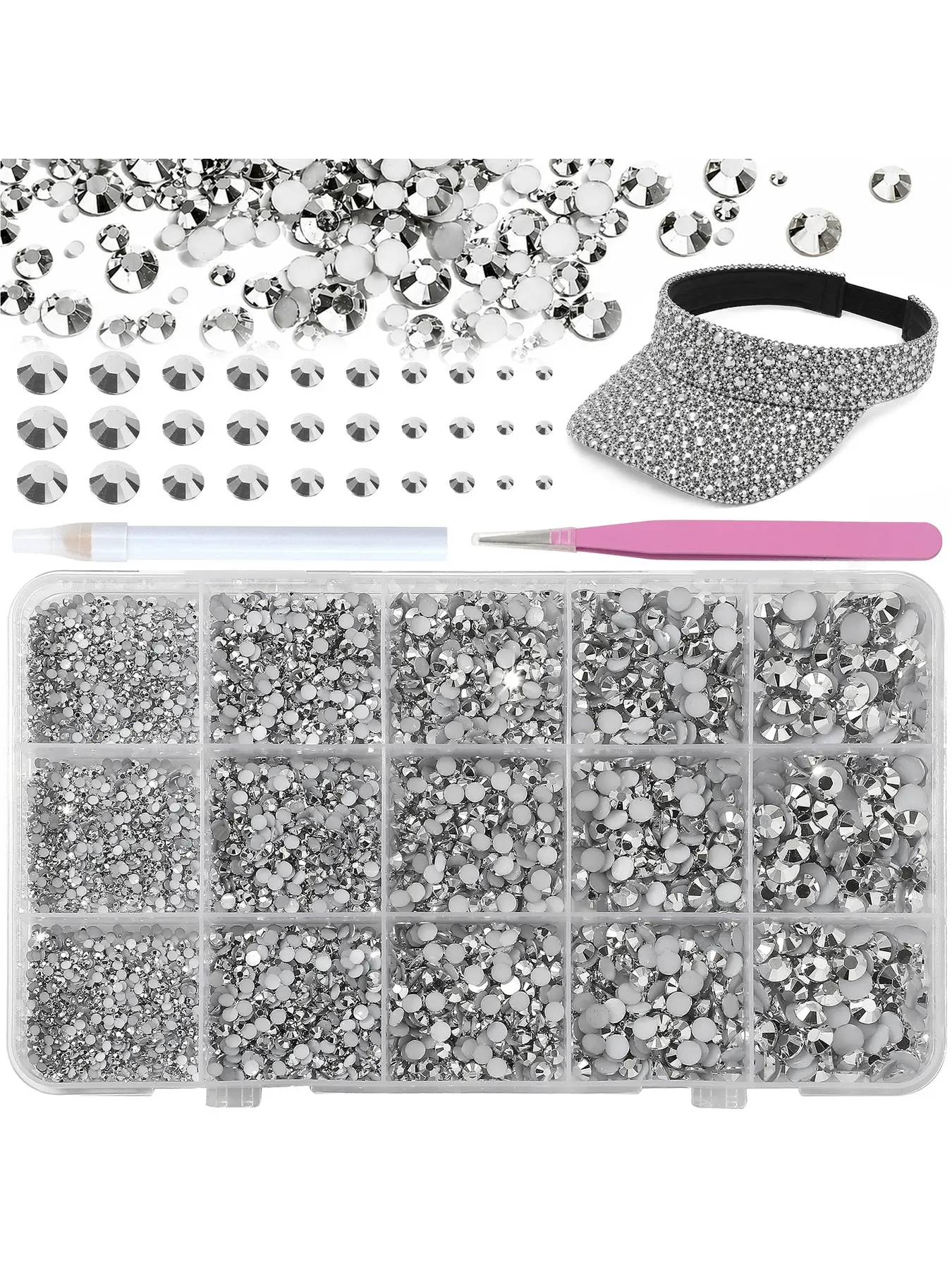 6000Pcs Silver Resin Rhinestone Set with 15 Grids, Tweezers & Pickup Pencil, 2/3/4/5/6mm Silver Flatback Gems for DIY Crafts, Clothes, Cups, Shoes, Fabrics & Nail Art
