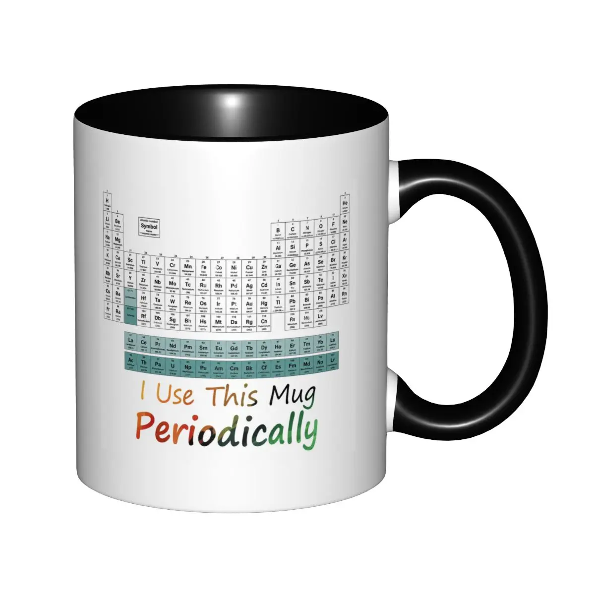 Classic 11oz Heat-Safe Periodic Table Ceramic Coffee Mug, Colorful Full Chart Printed 2-Tone Curved Cup, Modern Gift-Ready Chemistry Teacher Gift, All-Season Kitchen Drinkware