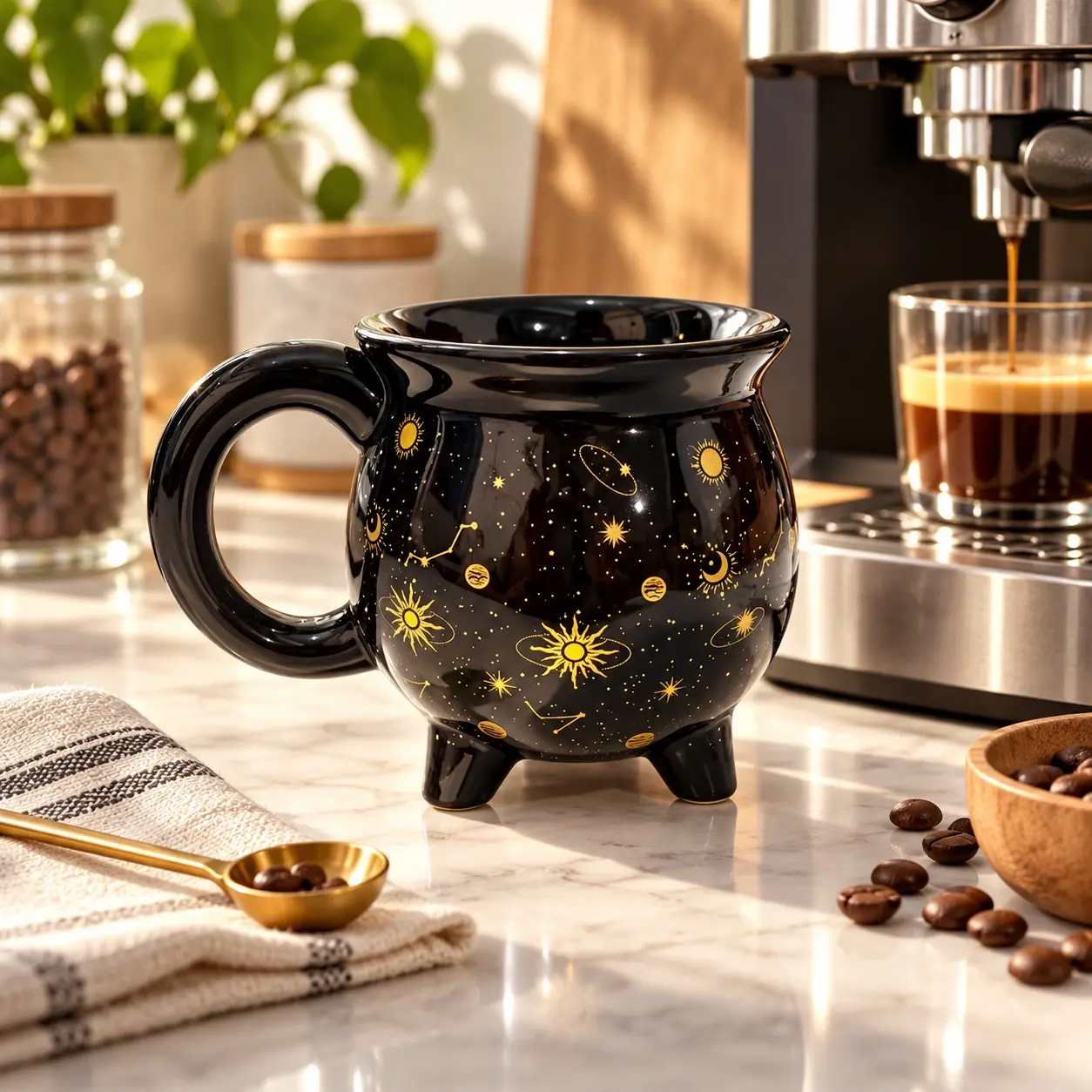 Halloween Witch Cauldron Mug, 12 Oz Black Ceramic Coffee Cup with Moon and Stars Design, Gothic Potion Cup for Coffee, Tea, Hot Chocolate, Spooky Drinkware and Witchy Gift