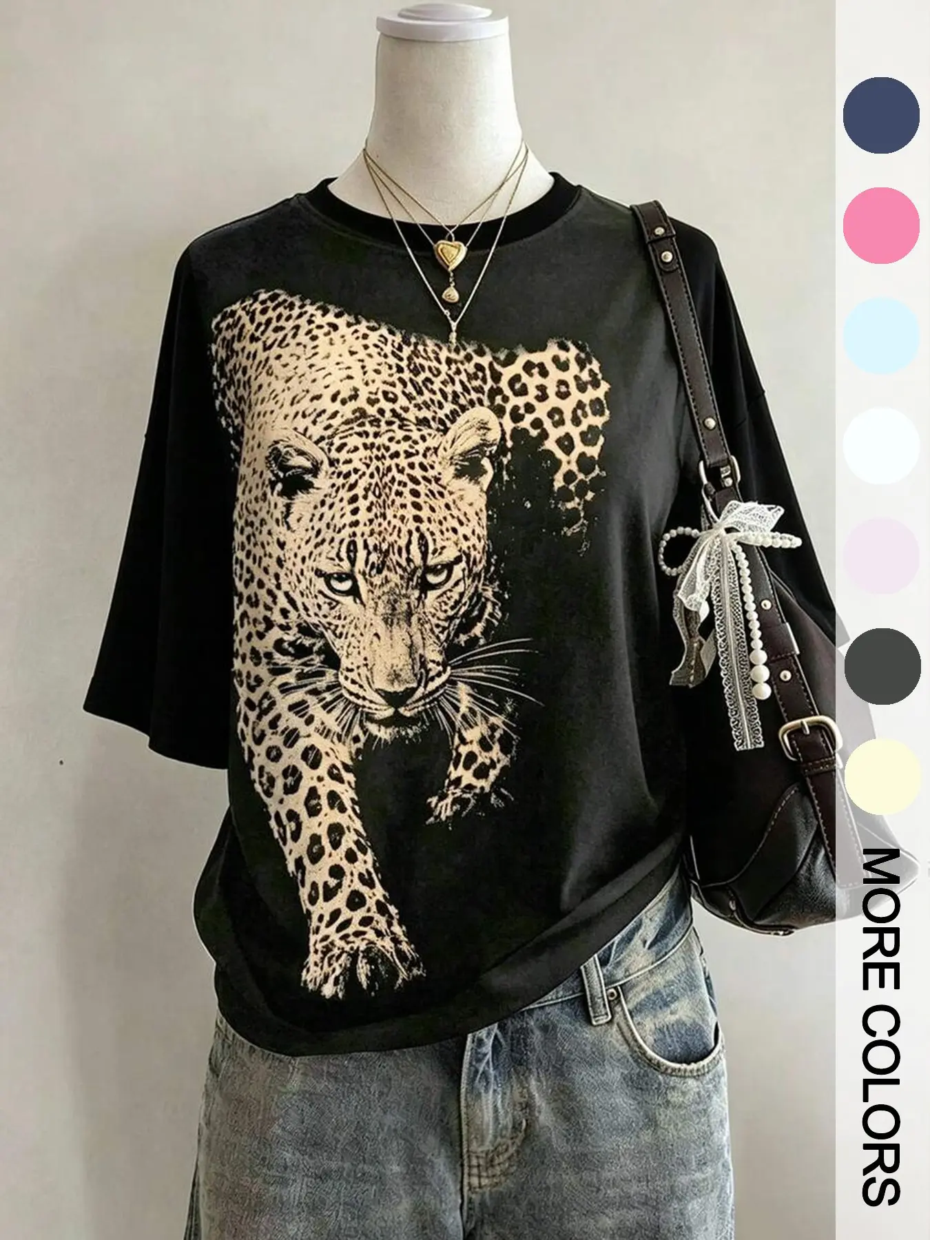 Women's Vintage Leopard Print Short Sleeve T-Shirt, Loose Fit Drop Shoulder Slimming Multicolor Round Neck Top, Casual Street Style