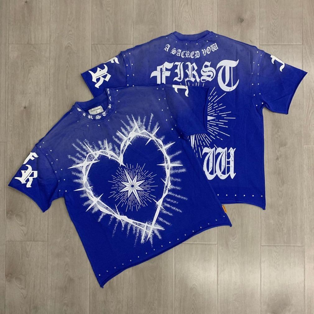 First Row Streetwear Vintage Washed Diamond Rhinestone Cropped Tee Y2K Retro Hip Hop Bling Shiny Graphic Oversized Loose Fit Crew Neck Short Sleeve Pure Cotton Viral Trendy Casual Daily Couple Matching Summer Streetwear Must Have Top For Men Unisex