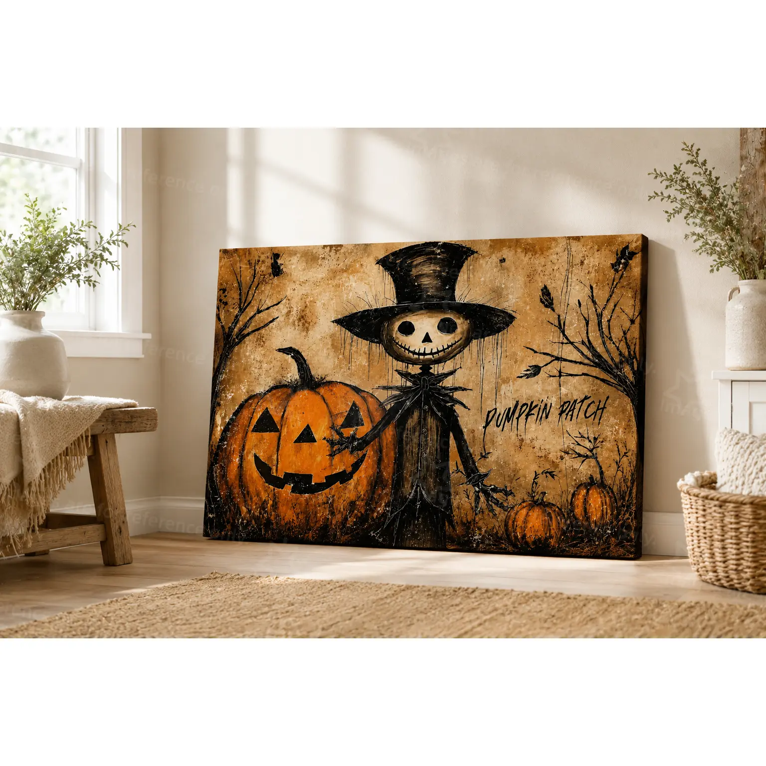 1pc Vintage Scarecrow Pumpkin Patch Poster, Distressed Rustic Jack O Lantern wall decor, Dark Cottagecore Halloween Farm Art for Living Room, Bedroom, Entryway, Office, Farmhouse and Holiday Home Decor