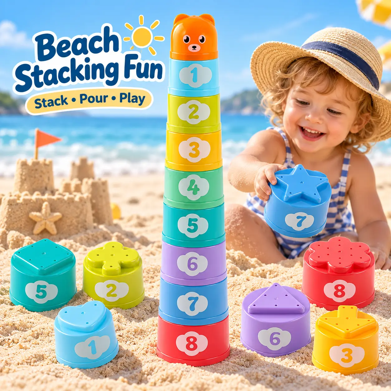 9PCS Stacking Cups Toy Set for Toddlers, Colorful Numbered Nesting Cups 1-8 with Bear Topper, Beach Sand & Bath Play Toy, Fine Motor Skills and Color Recognition Activity, Birthday Christmas Gift