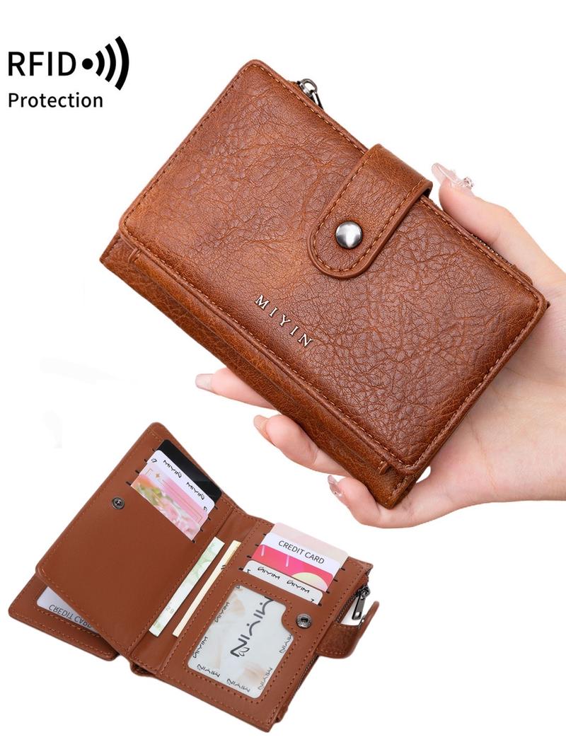 Women's Minimalist Plain Color Letter Decor Short Wallet, Casual Versatile Zipper Wallet with ID Window, RFID Blocking Card Holder for Daily Used