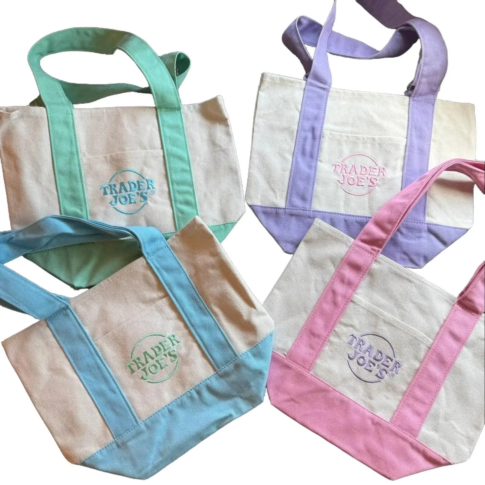 Cute Pastel Mini Tote Bags, Set of 4 Chic Women's Canvas Handbags with Square Design, Casual Embroidery & Zip Closure, Cute Tote Bags, Trader Joe's, Bags For Everyday