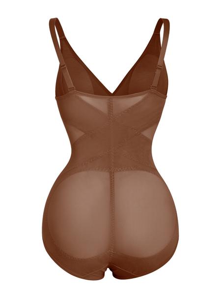 Women's Sheer Mesh Bodysuit High Elastic Breathable Fabric V Neck Full Body Shaping Underwear, Casual All Season Wear, Shapewear