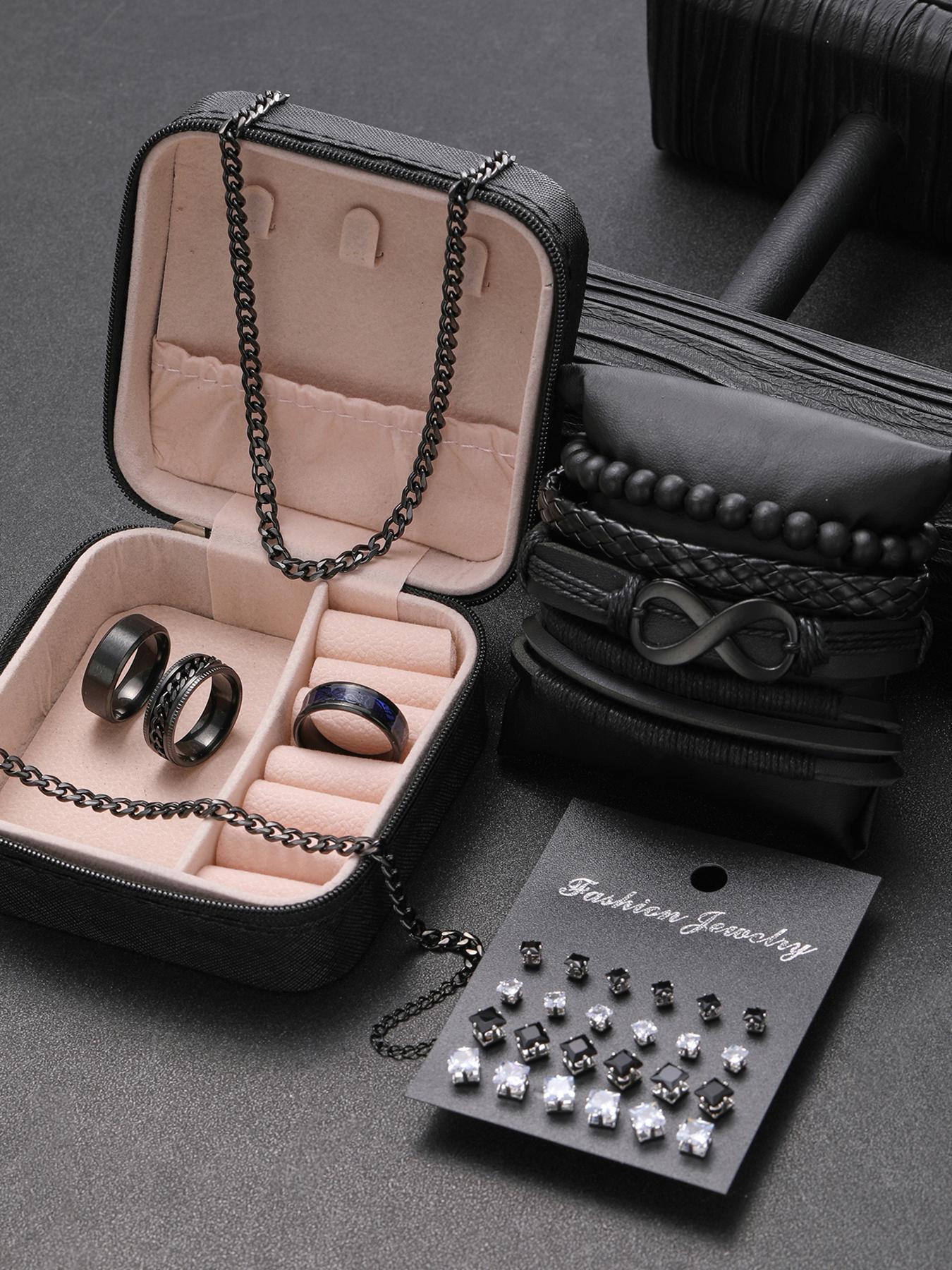 Men's Fashion Jewelry Set, 33 Counts Casual Rhinestone Decor Beaded & Drawstring Design Necklace & Bracelet & Stud Earrings & Rings for Men, Fashion Jewelry for Party, Daily Clothing Decor, Trendy All-match & Exquisite Jewelry for Birthday Gift