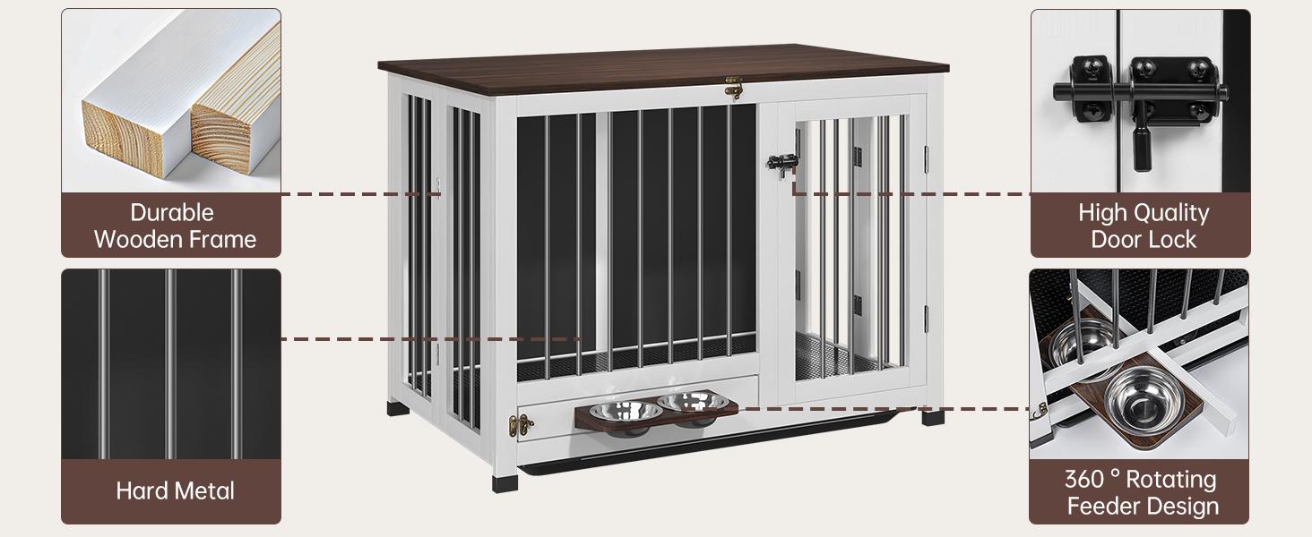 39.4'' Dog Crate Furniture, Foldable Wooden Dog Kennel with 360° Feeder, Detachable Tray, Easy Assembly for Medium & Large Dogs