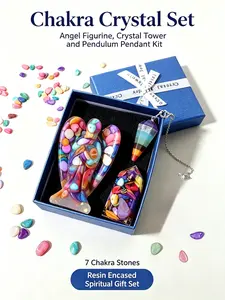 Orgonite Resin Chakra Crystal Energy Stone Gift Set, Angel Figurine, Chakra Tower, Pendulum Pendant Box, Spiritual Healing Kit