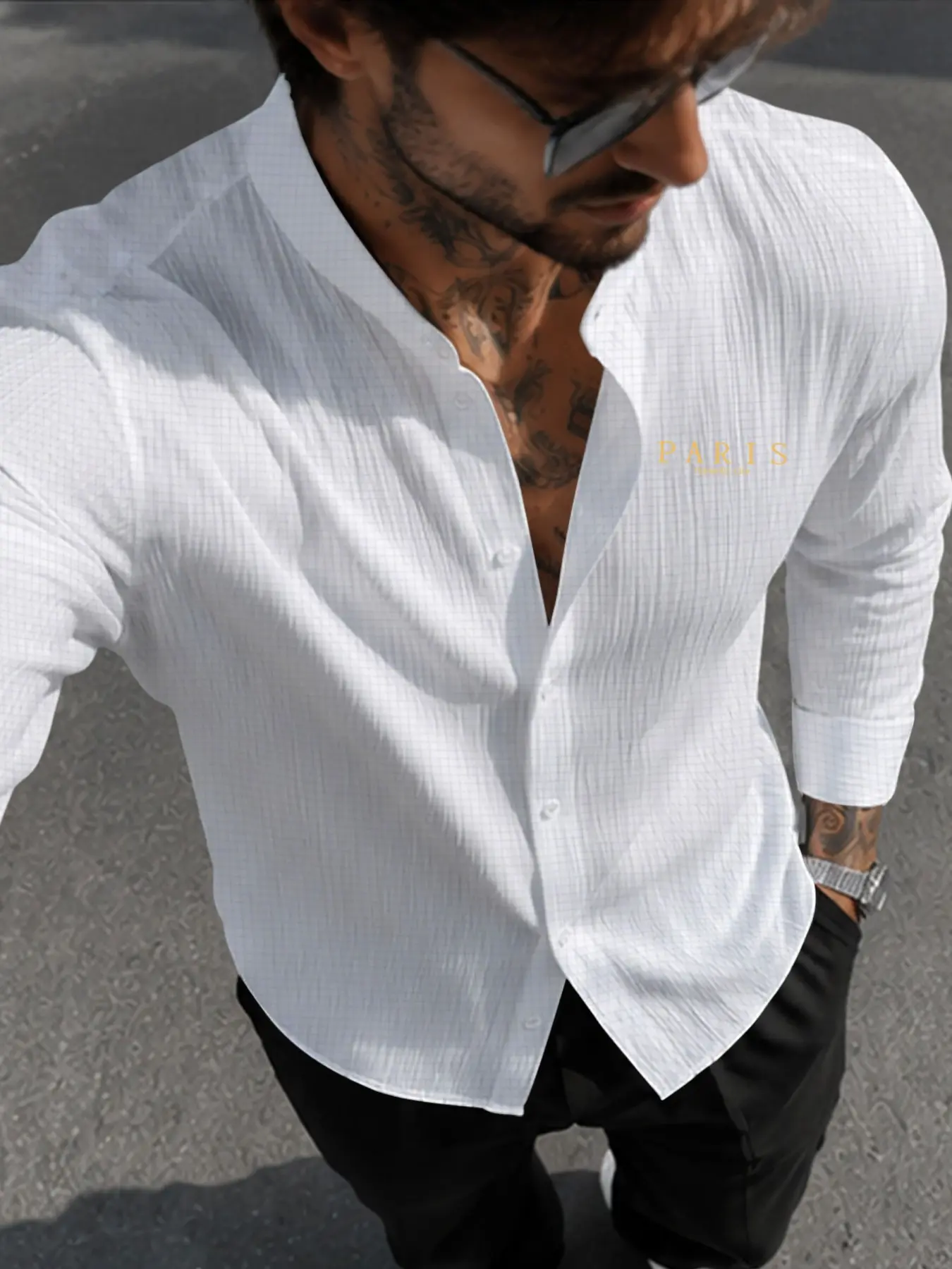 Men's Casual Knitted Long Sleeve Shirt, Paris Gold Letter French Luxury Style, Slim Fit, Suitable for Business and Dates
