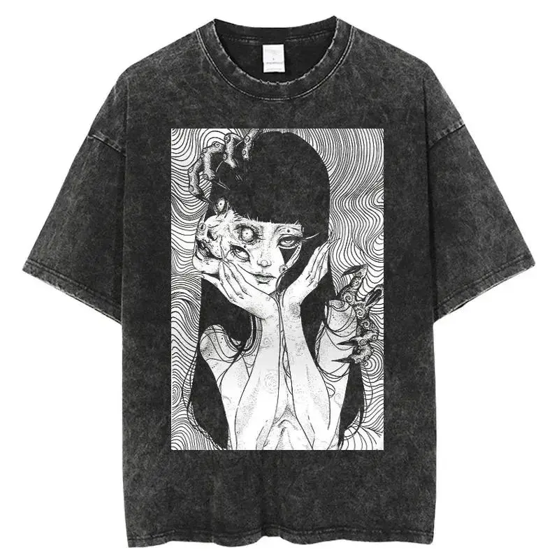 Unisex Japanese Classic Horror Anime Tomie Print Short-Sleeve T-Shirt - Vintage Washed Cotton, Loose Harajuku Gothic Style, Casual Natural Fitness Outdoor Summer Menswear Top, Custom Print Available via Customer Service