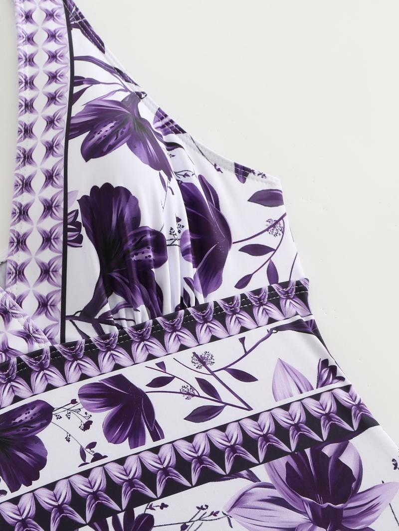 Amoyer Swimdress Swimming V Neck Women's Blue/Red/Purple/Green Print One-Piece Swimsuit and Matching Cover Skirt Set Summer Swimdress Swimming  Bathing Suit Stylish,Swimsuit Bodysuit Tops Beach Skirt 2 Piece Swimsuit Outfits