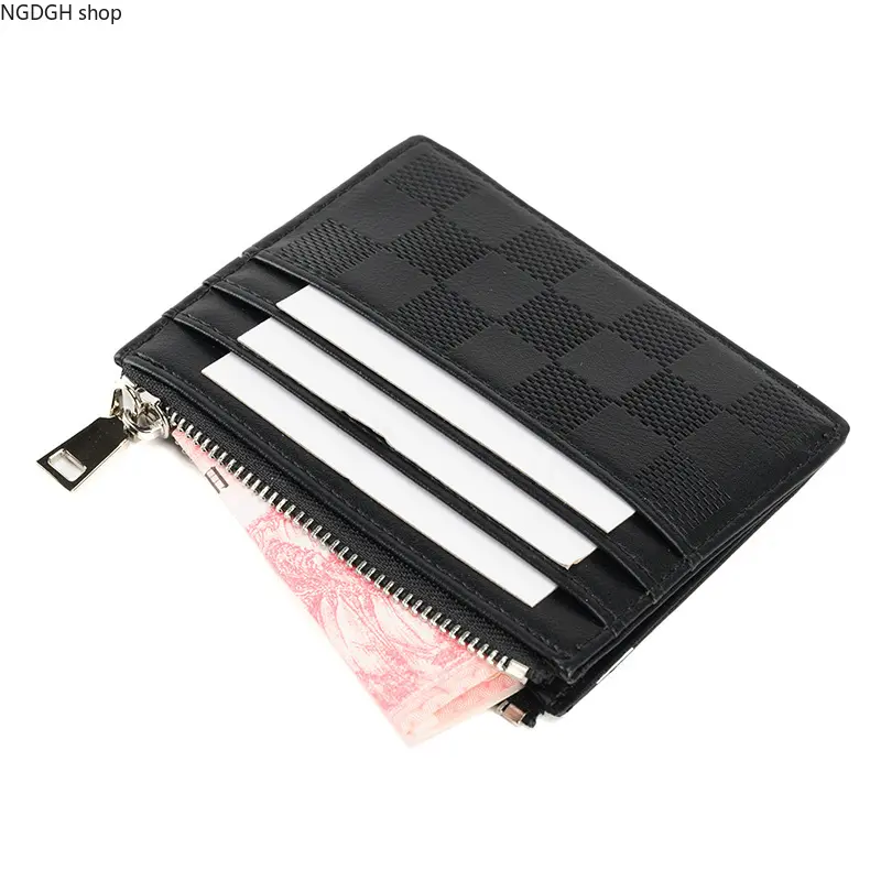 Slim Fit Credit Card Holder for Women, Black Plaid Wallet with RFID Protection and Zipper Card Slots, Secure Storage for Shopping & Outdoors, Secure Card Storage