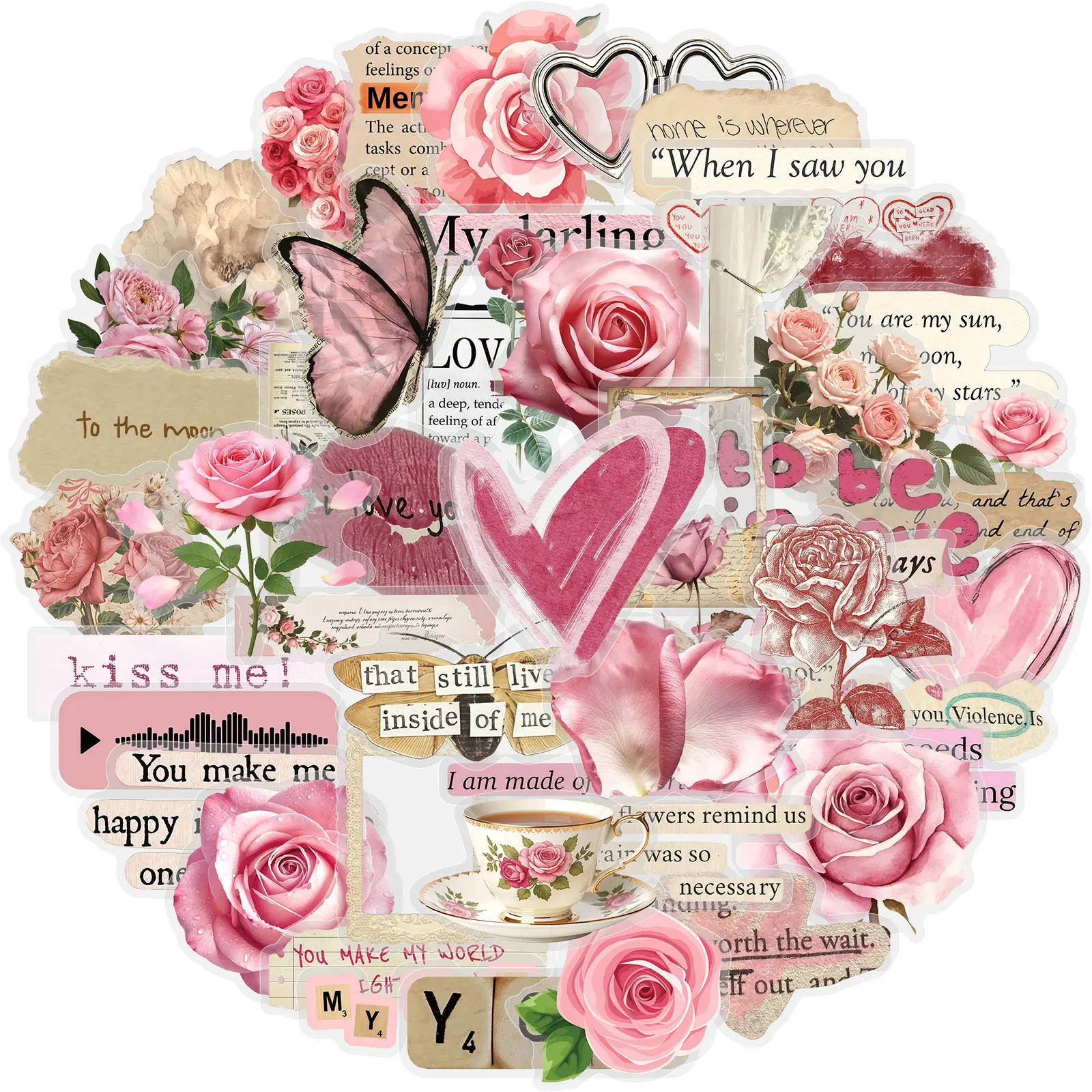 50Pcs Coquette Pink Rose Vintage Transparent PET Stickers, Romantic Butterfly Heart Quote Clear Decals for Journal Laptop Water Bottle Scrapbooking, Planner Accessories, Office Products, Back To School Supplies