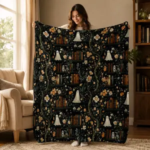 Dark Floral Ghost Library Flannel Blanket, Soft Plush Bookshelf Throw, Vintage Flowers & Cute Ghost Print, Cozy Sofa Bed Fall Gift, Flannel Printed Blanket