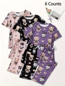 3-Piece Bear Heart Print Short Sleeve Pajama Set, Pyjamas, Fitted Casual Sleepwear Loungewear, All-Seasons Home, Comfortable Long Pants