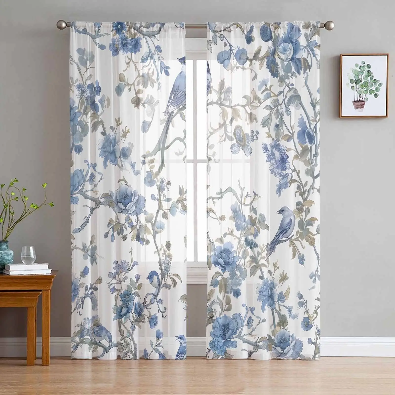 2 pieces of high-definition digital blue-and-white flower-and-bird printed curtains, Curtain for windows. They can be washed by hand or machine, and are easy to maintain. They are suitable for bedroom and living room home decoration.