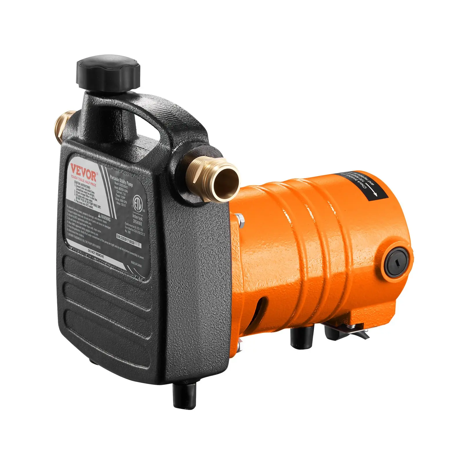 【DealsForYouDays】VEVOR Cast Iron Water Transfer Pump, 115V AC 1600 GPH 1/2HP, Portable Electric Utility Pump with Carbon Brush, Filter, Brass Connectors, for Garden, Rain Barrel, Pool, Pond, Hot Tub, Aquarium Draining