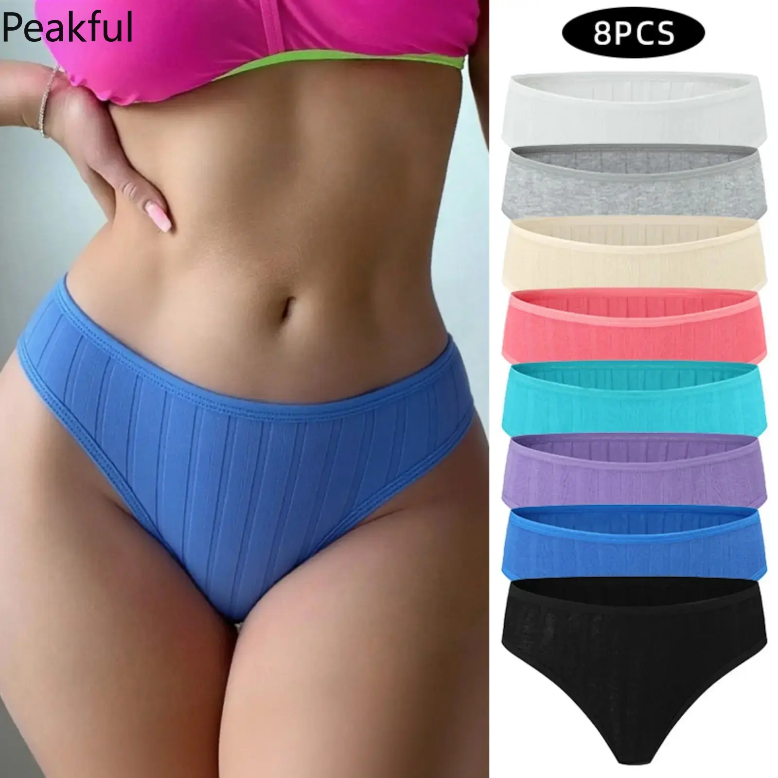 8Pcs Double Ribbed Cotton Bikini Panties for Women, Low Rise Seamless Cheeky Briefs with Stretchy Soft Knit, Invisible No-Show Underwear Set for Yoga, Gym & Daily Wear