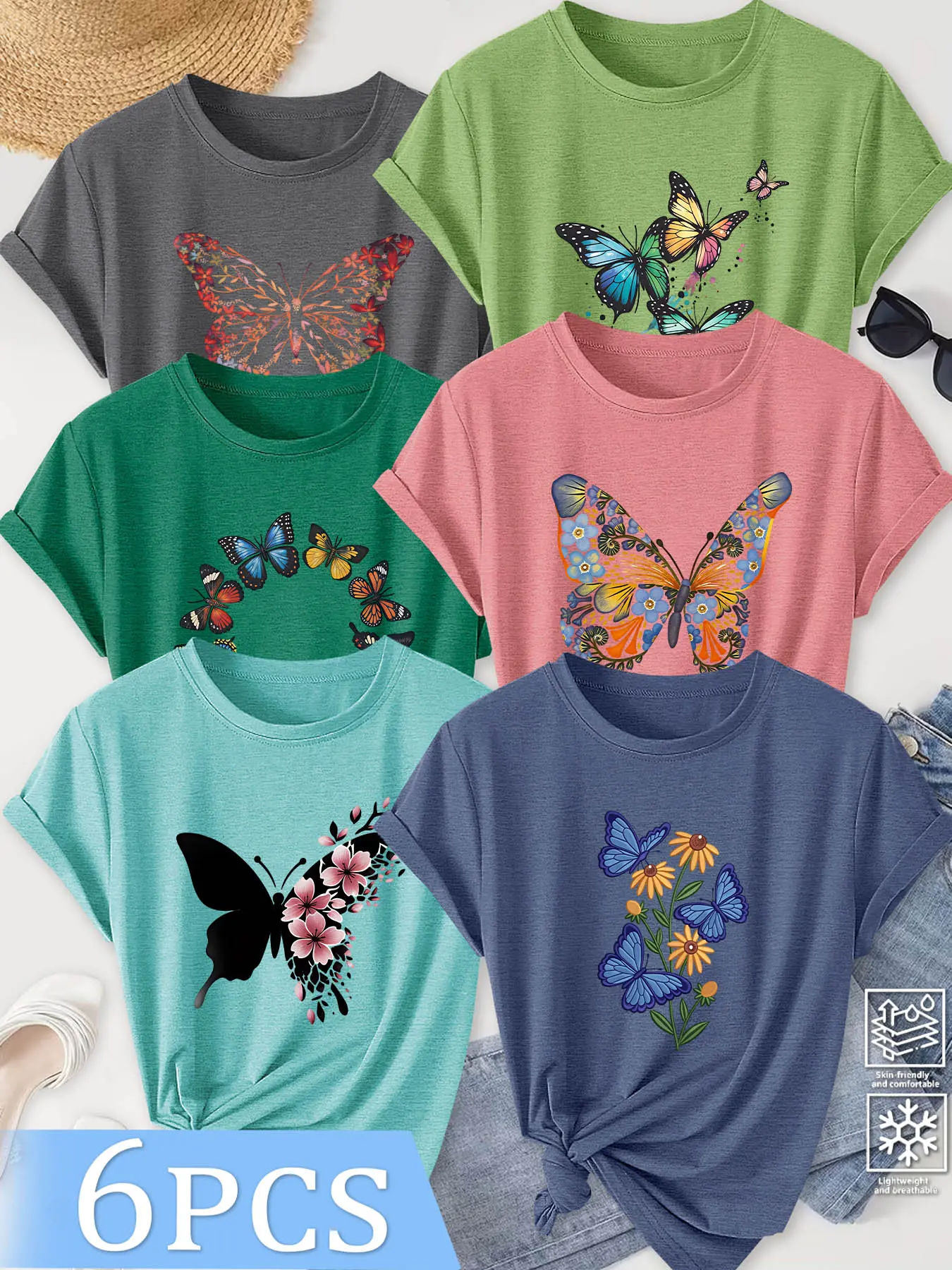 6Pcs Women Crew Neck T-Shirt, Round Neck, Vibrant Multi-shape Floral Butterfly Forest Style Print, Multi-color Washable Spring Summer Top, Casual, Soft Skin-friendly Fabric Daily Versatile Fashion Design