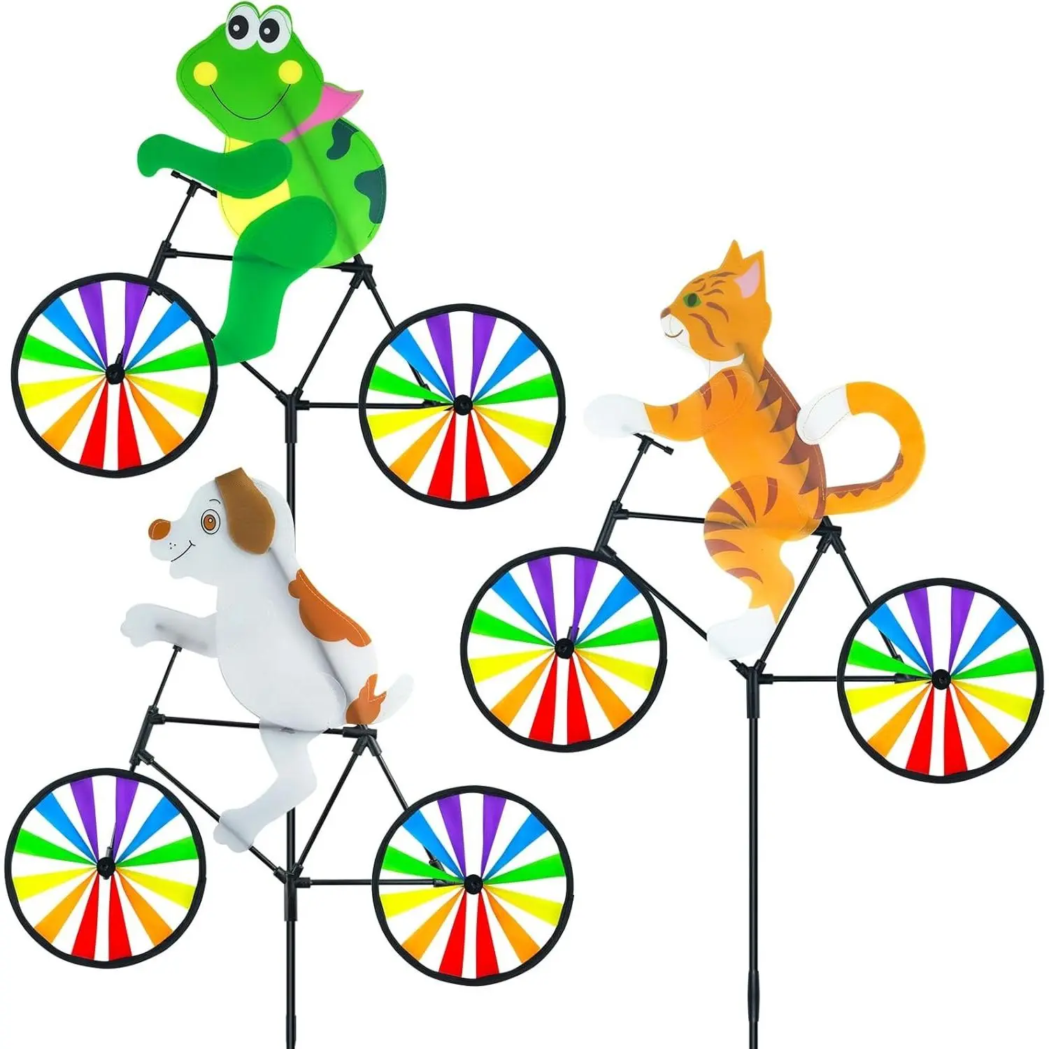 3-Pack Animal Shapes Rainbow Bikes Pinwheels - Colorful, Waterproof Fabric, Quick-Spinning Wind Spinners with Stake Insertion for Yard, Garden (Dog, Cat, Frog)