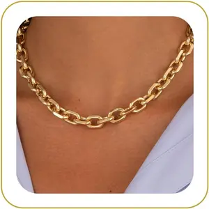 Gold Necklace for Women - Chunky 14K Gold Plated Cuban Link Paperclip Chain Herringbone Statement Choker Necklace Simple Trendy Jewelry Gifts