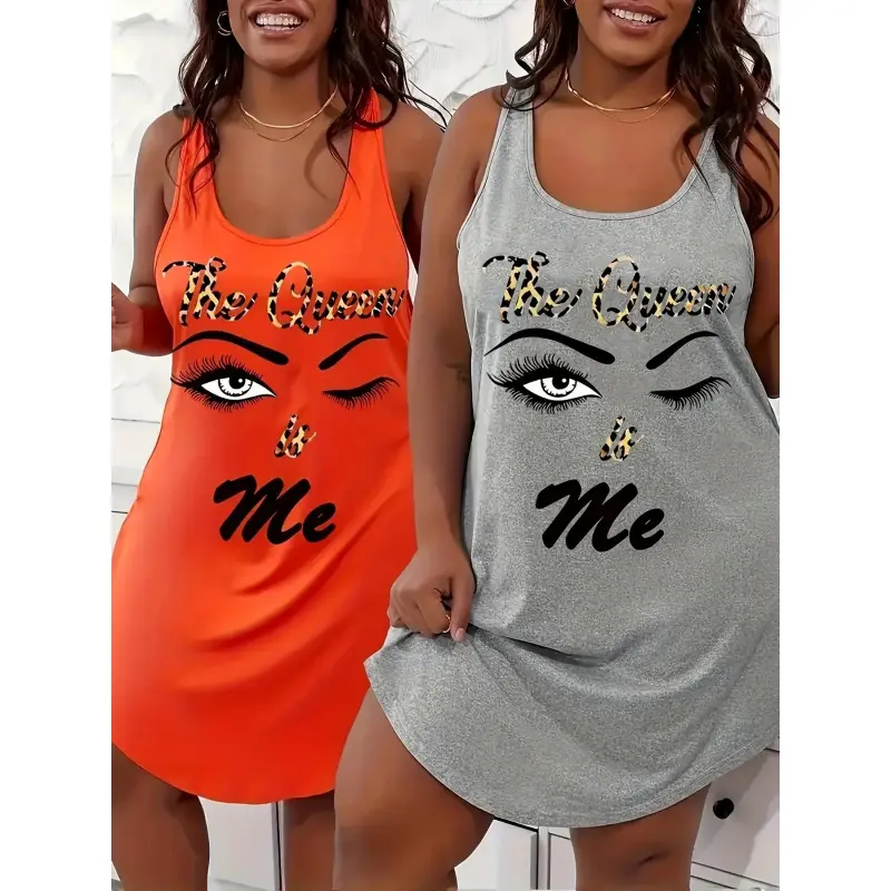 Plus Size 2pcs Womens Summer Two-Pack Women's Vest Style Casual Sleeveless Dress, The Queen Is Me Printed Round Neck Curved Hem Tank Skirt, Summer Cool Home Clothes