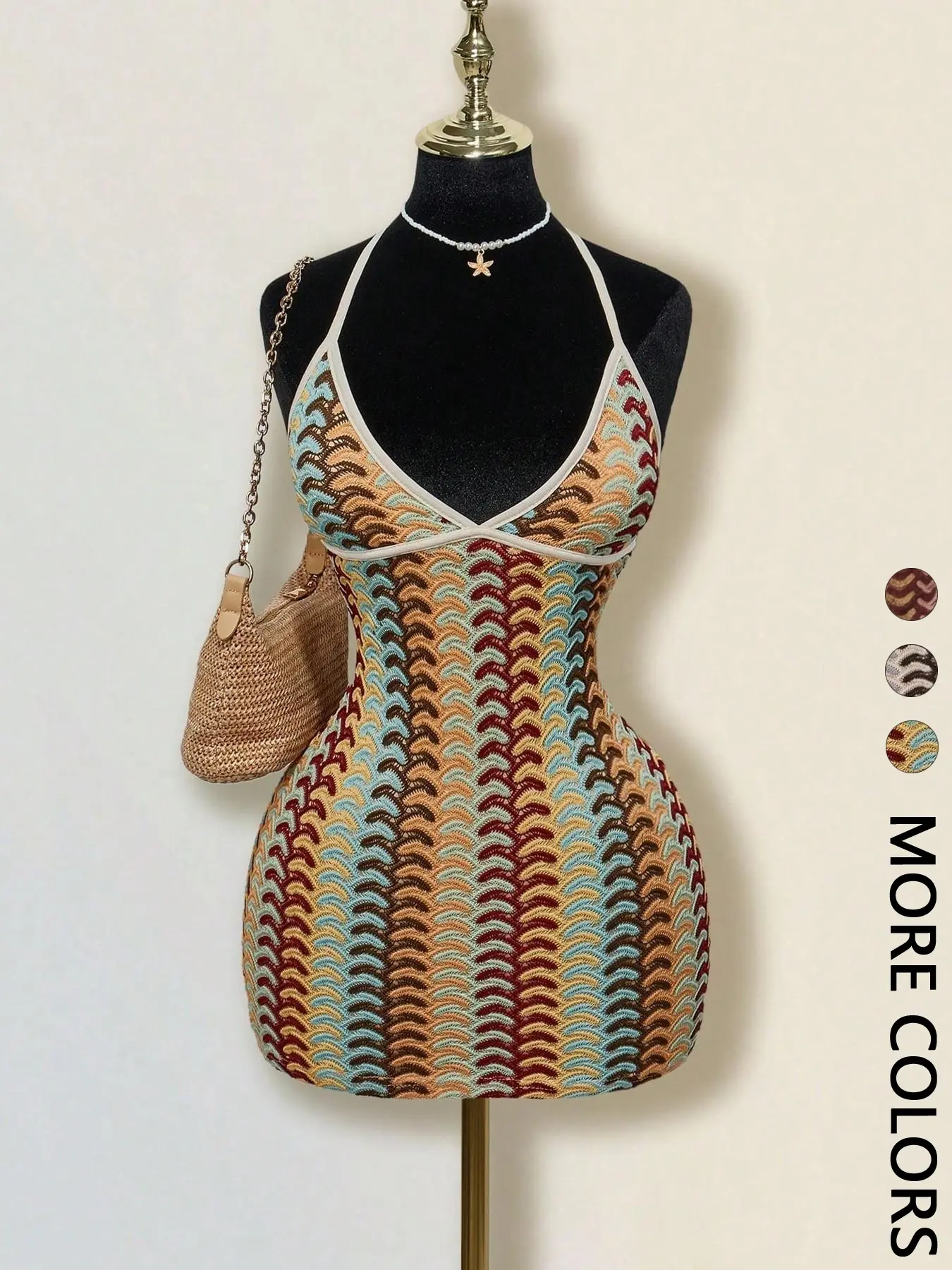 Women Halter V Neck Mini Dress Wave Geometric Print Bodycon Short Dress Adjustable Spaghetti Strap Slim Fit Wrap Bust Night Out Clubwear Summer Beach Vacation Figure-Hugging Mini Outfit With Stretch Fit For Party Daily Going Out Streetwear
