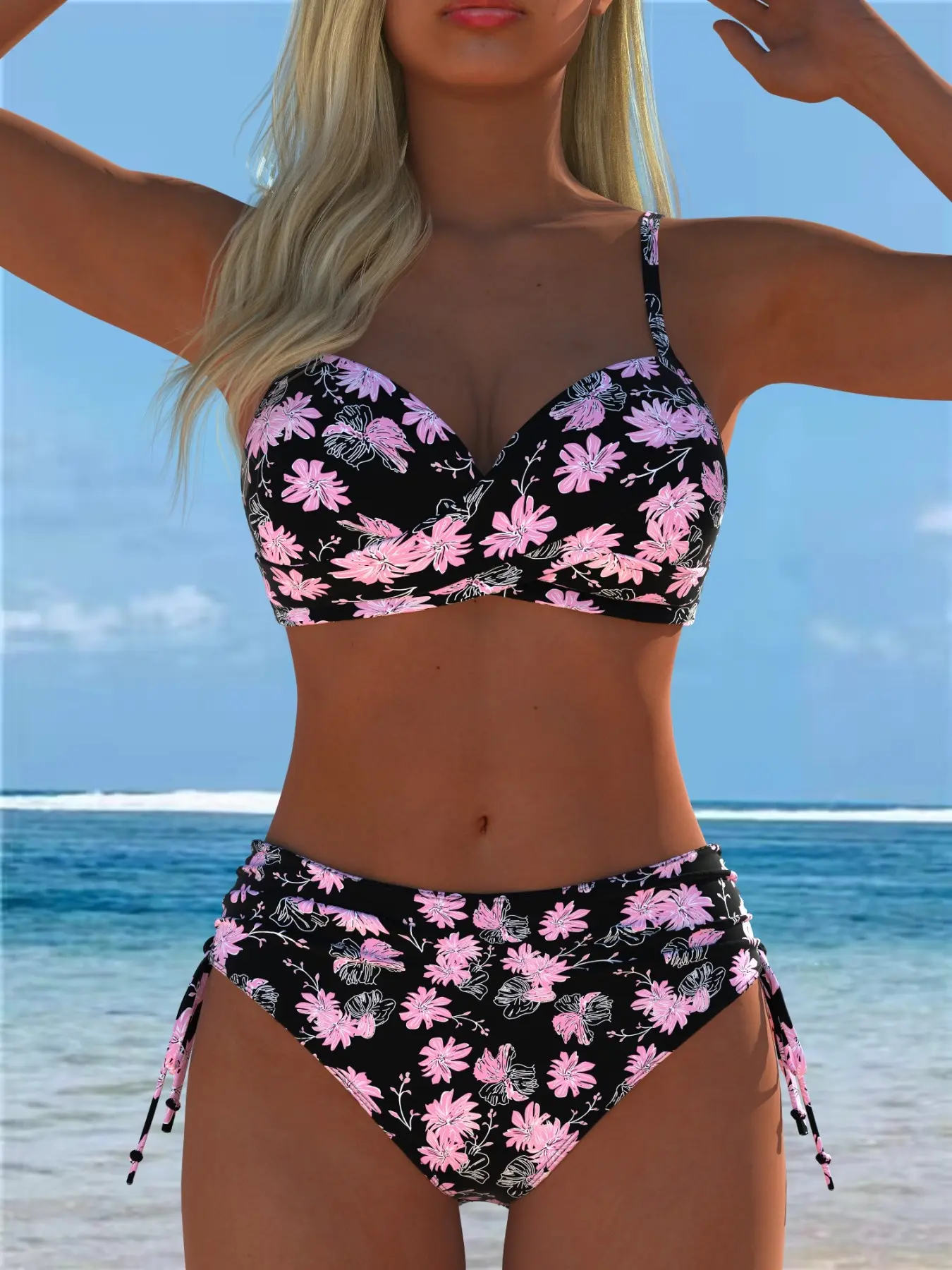 2026 New Women's Sexy Floral Swimsuit, Push-Up Bikini Set, Side Tie Bottoms, Plain Color, Beach Party Swimwear, All Seasons, Floral Print Bikinis
