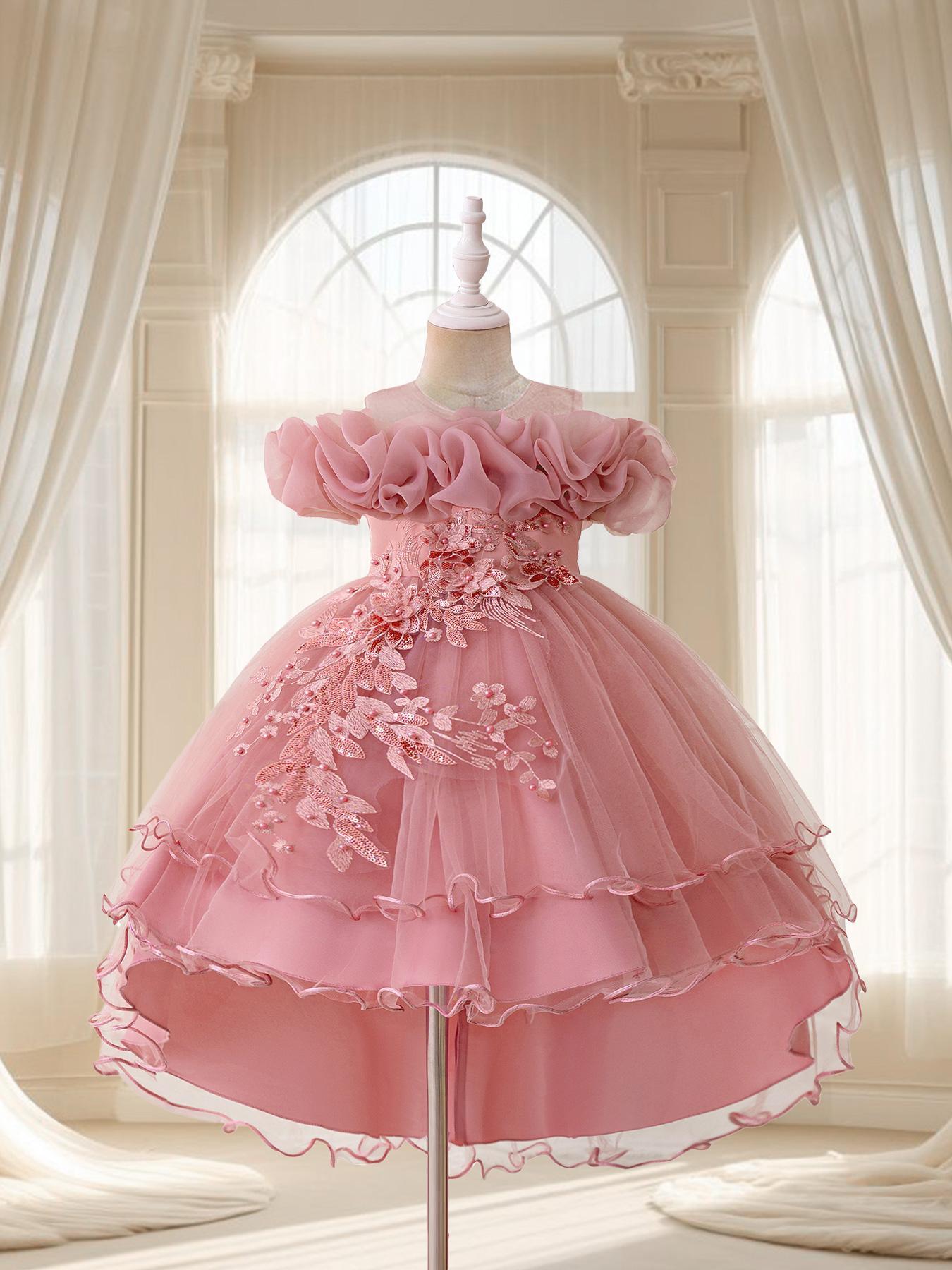 Girls' Floral Embroidered Layered Tulle Formal Dress, Embroidery Dress, Elegant Party and Performance Dress for All Seasons