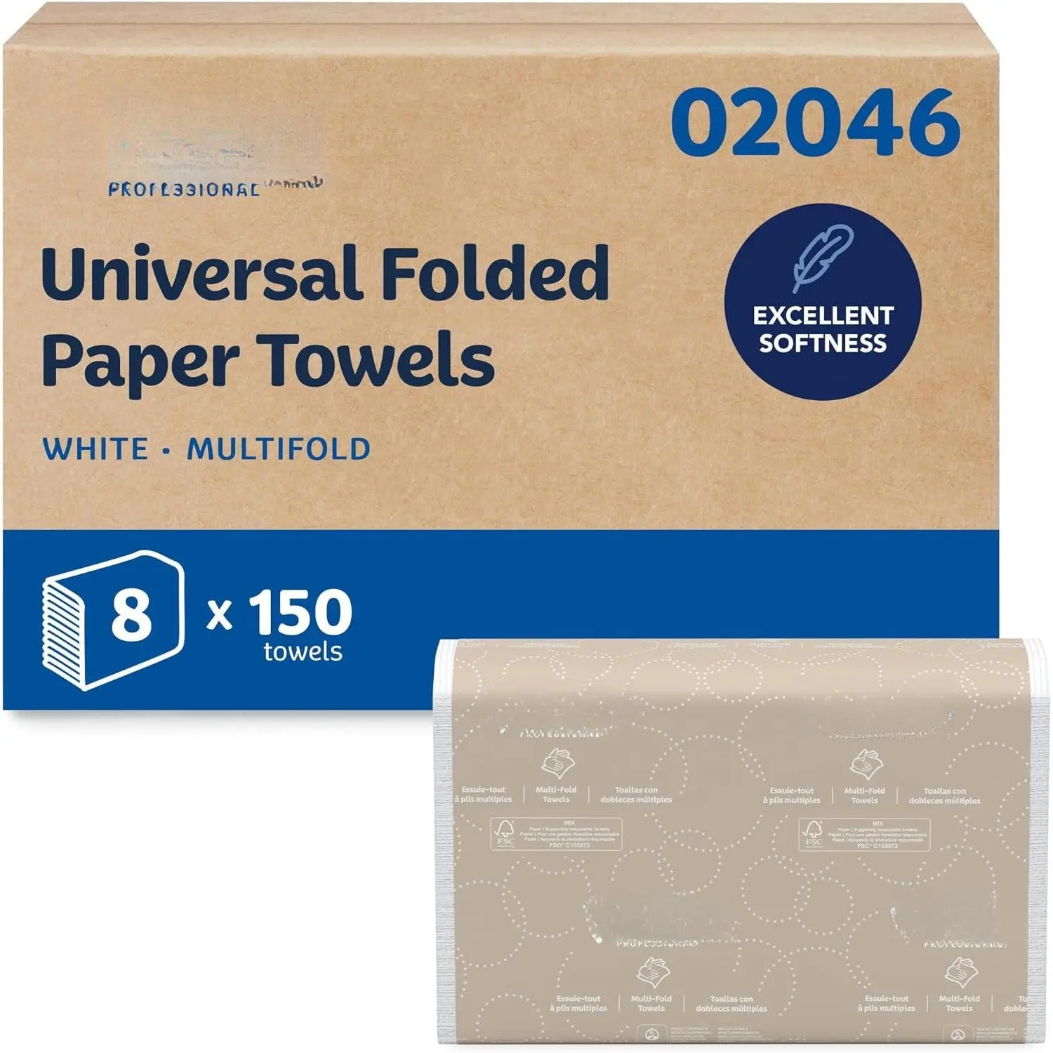 Professional Multifold Paper Towels, Bulk, 8 x 150 Sheets (02046) | ,  Tier, Absorbency Pockets, White, Compatible with  Folded Towel Dispensers