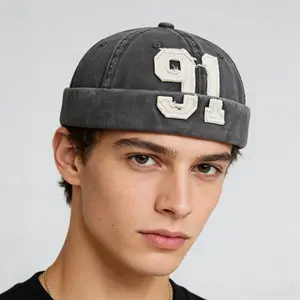 Vintage Washed Canvas Brimless Docker Hat • Y2K High Street Varsity Number Applique Embroidery Beanie Cuff Cap for Men Women