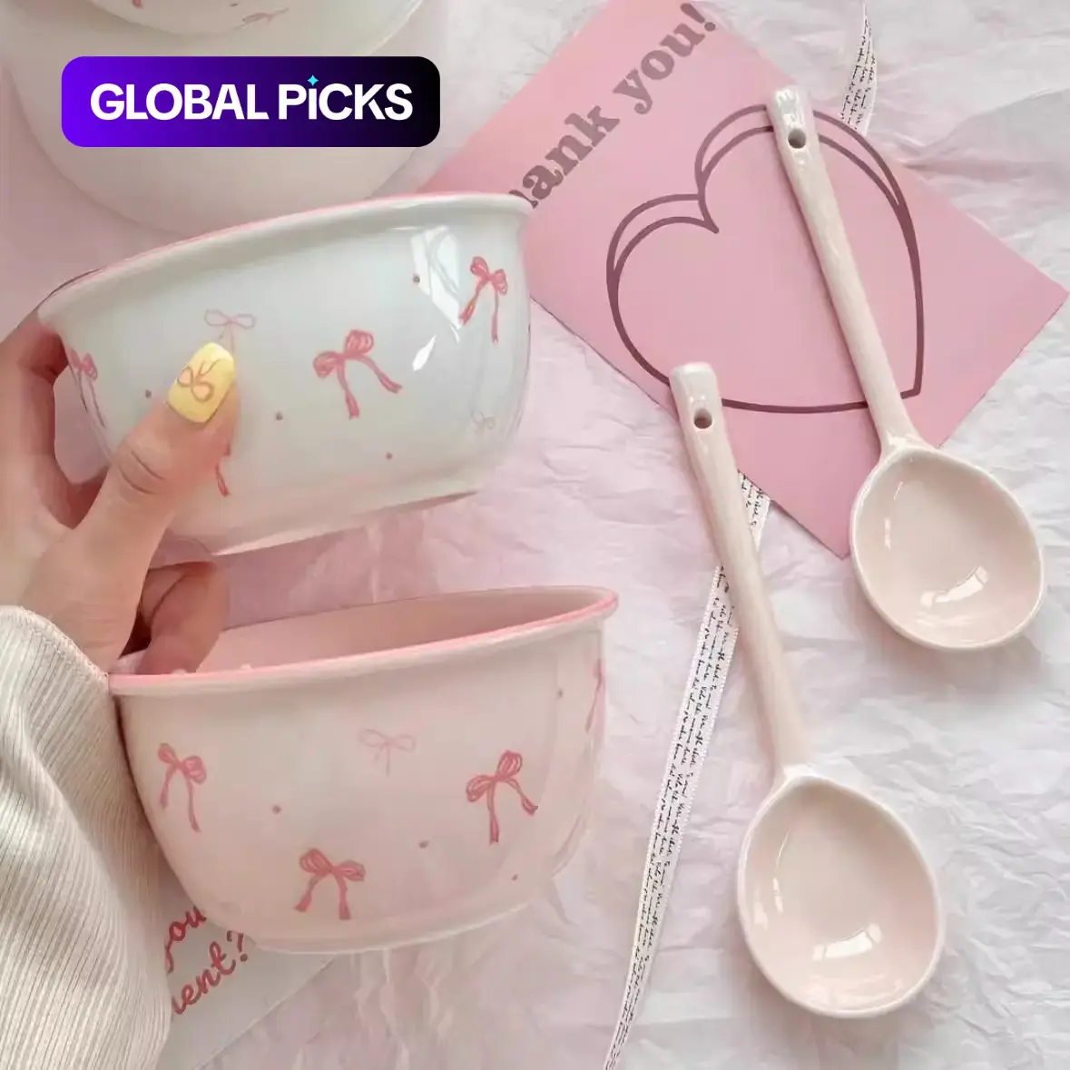 Cute Bow Pattern Ceramic Tableware Set, Kitchen Tableware, Party Tableware, Including 2 Bowls & 2 Spoons, Perfect for Cereal, Soup, Yogurt and Desserts, Tableware Kit