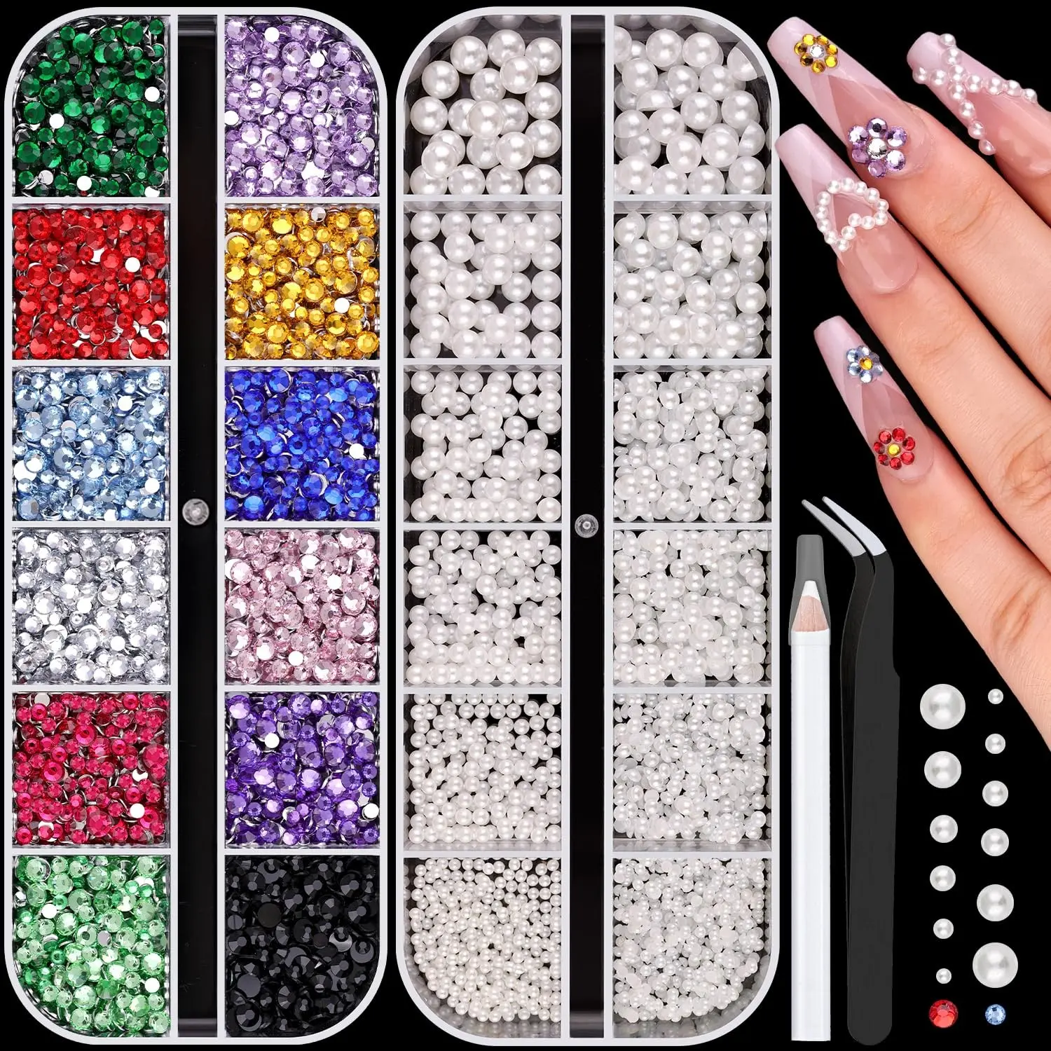8000Pcs Rhinestones and Flat Back Pearls Kit, 2/3mm Colorful Non-Hotfix Nail Gems White Pearls with Pick Pen Tweezers, 2 Box Bedazzling Supplies for Nail Art, Acrylic Nails, DIY Crafts, Phone Cases, Shoes & Accessories