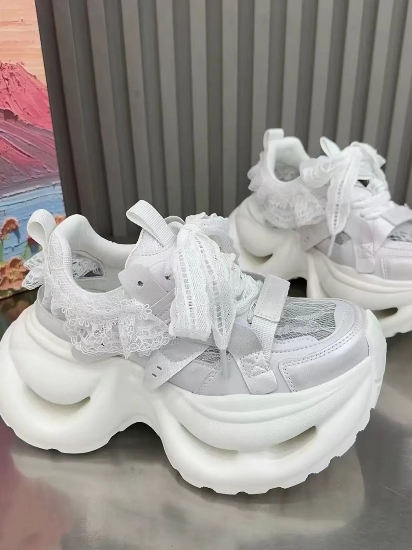 Women's Lace Mesh Chunky Sneakers, Sweet Cool Pastel Color Platform Dad Shoes, Breathable Comfortable Leg-Lengthening Trainers, Fashion Casual Street Style Sneakers, Y2K Shoes for Daily & Music Festival, Casual Breathable Footwear-