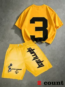Men's Distressed Two-Piece Set, Backside Large Number 3 Print Loose T-Shirt + Starry Sky Letter Frayed Shorts, Casual Summer Streetwear