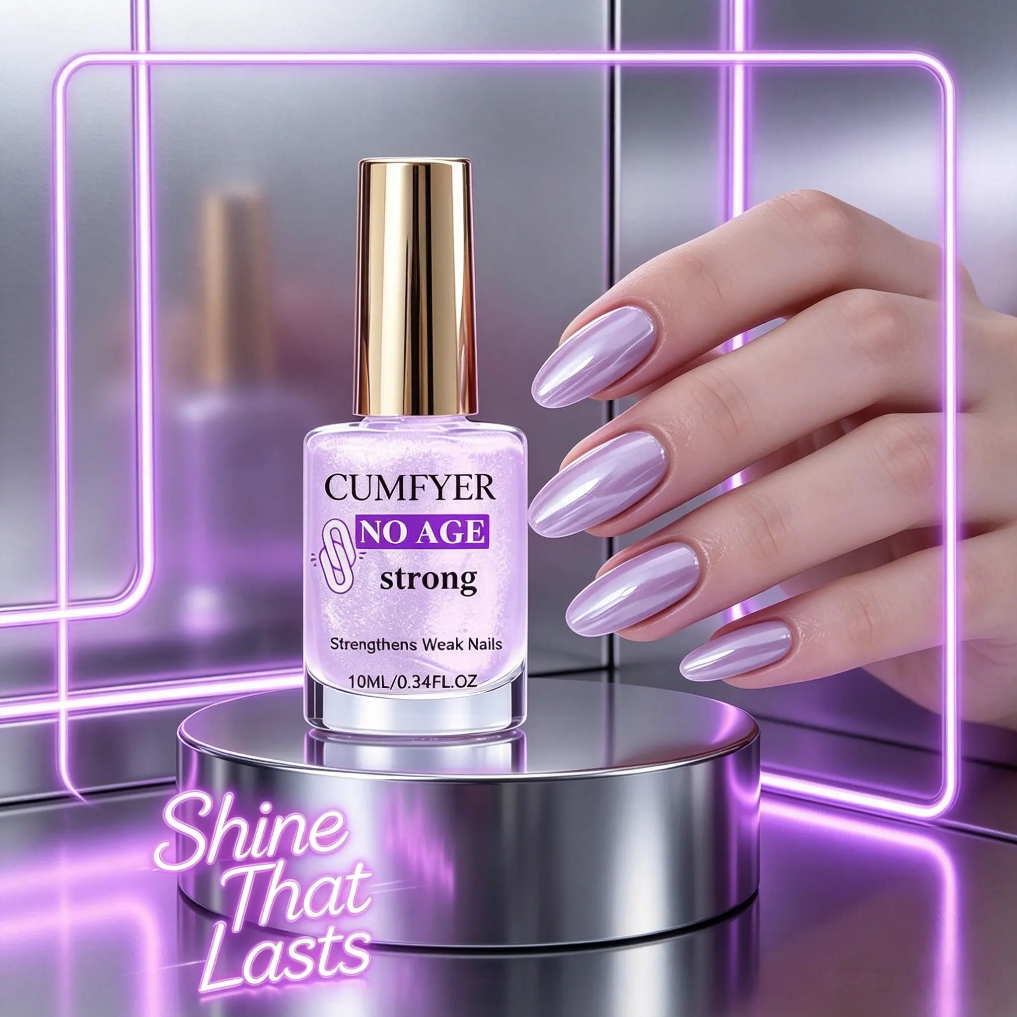 Purple mother-of-pearl nail polish, purple nail-strengthening care oil, Nail care product, strengthens fragile nails, Long-lasting color, color layered for different shades, smooth easy to apply, dries quickly naturally, creating unique nails