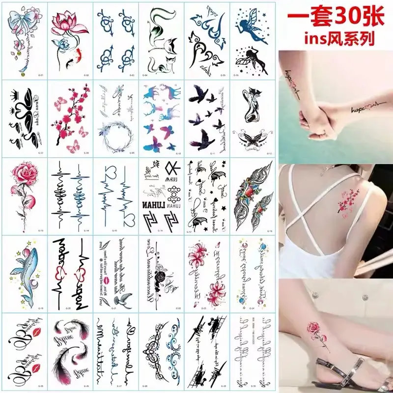 30Pcs Black Tiny Temporary Tattoos | Butterfly Flower & English Quote Stickers | Waterproof Long Lasting Fake Tattoos for Collarbone & Arm