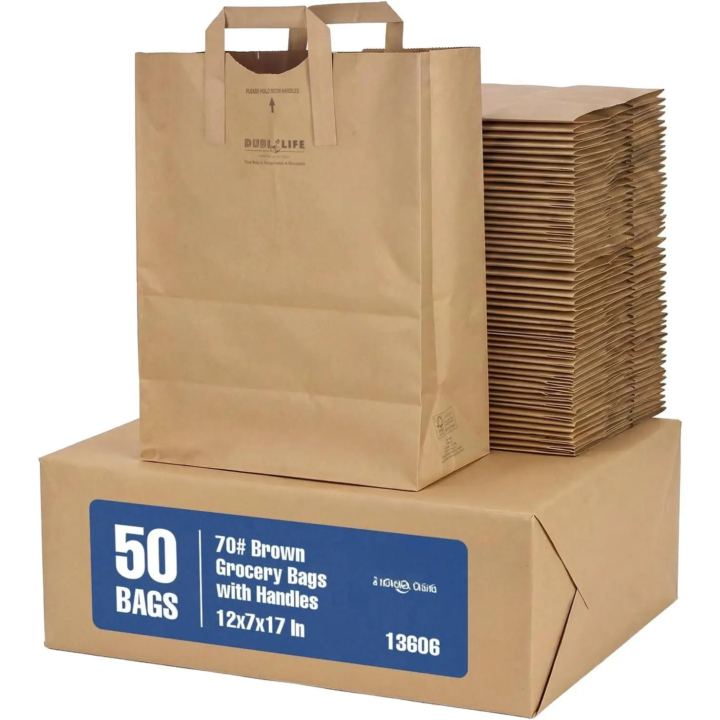 13606 70# Brown Paper Grocery Bags with Handles, 12 x 7 x 17 In, 50 Ct | Heavy Grocery, Retail & Takeout Loads, Flat Bottom Stands Upright, Paper Bags for Recycling, Packing, Stockrooms,  Use