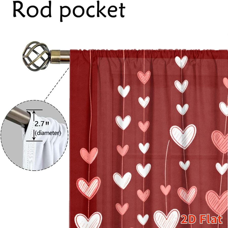 2Pcs Romantic Red Heart Pattern Sun Blocking Curtains Digital Printed Rod Pocket for Bedroom Office Kitchen Living Room Study Home Decor Soft Light Filter Easy Installation