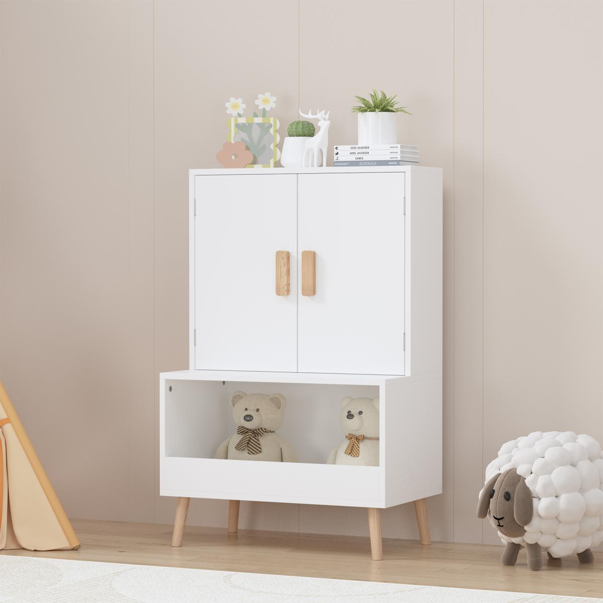 Kids Toy Storage Cabinet with Doors and Open Shelf, White Modern Wooden Organizer with Natural Wood Legs, Toddler Bookshelf for Playroom, Nursery, Bedroom