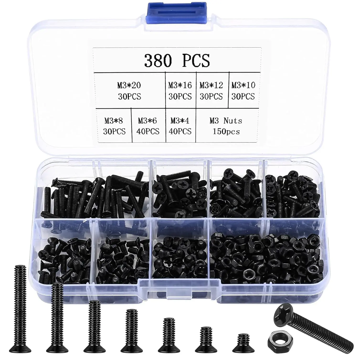 M3 Flat  Machine Screws and Hex Nuts Kit, 380 count Black Countersunk  Phillips Screws  Nuts  Kit - M3 x 4mm/ 6mm/ 8mm/ 10mm/ 12mm/ 16mm/ 20mm
