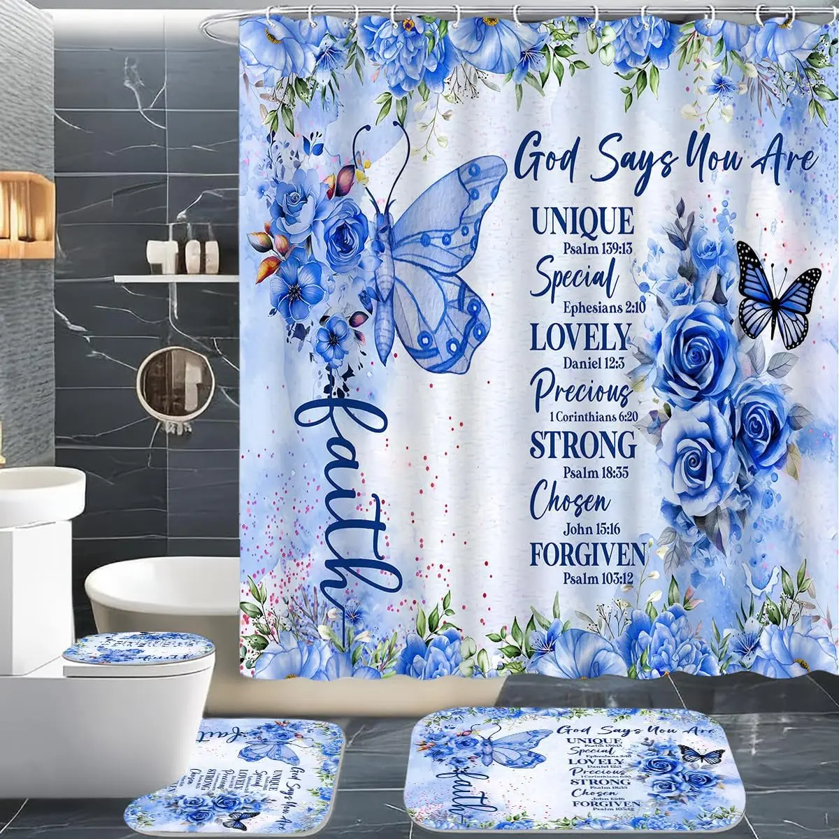 Blue Butterfly Inspirational Quotes Polyester Shower Curtain Set (Set of 4) - Floral Print Boho Glam Bathroom Decor with Rugs, Toilet Lid Cover, Bath Mat, 12 Hooks & Bible Verse Accessories