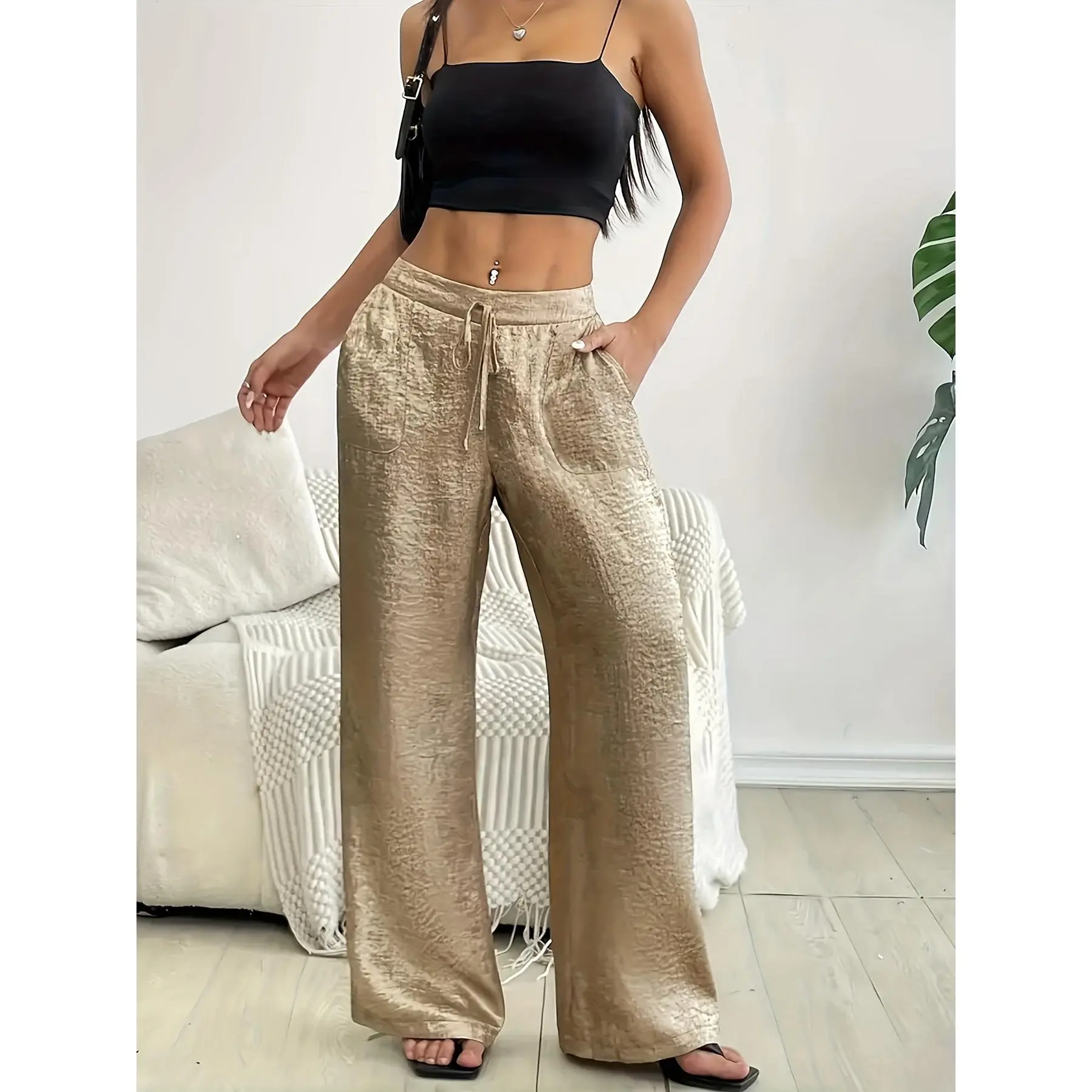 Glossy Low-Rise Wide-Leg Pants