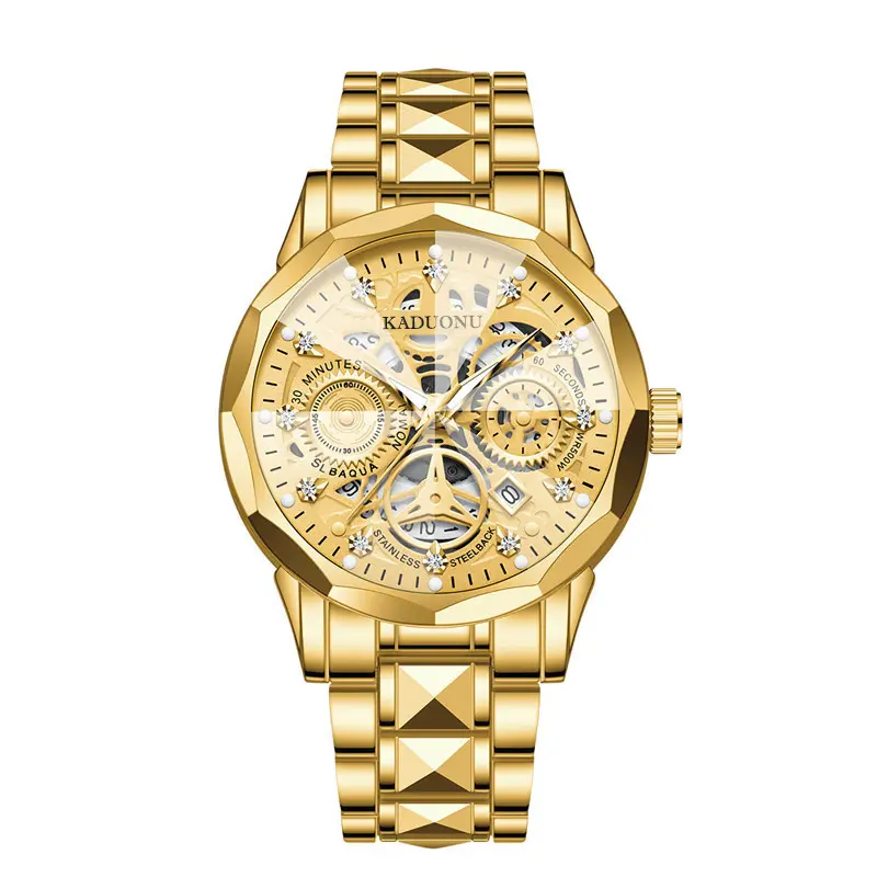 Men's Premium Skeleton Quartz Watch, 2-Tone Stainless Steel Strap, Rhinestone Markers, Date Window, Luxury Business Dress Wristwatch, Multi-Color Gift Option
